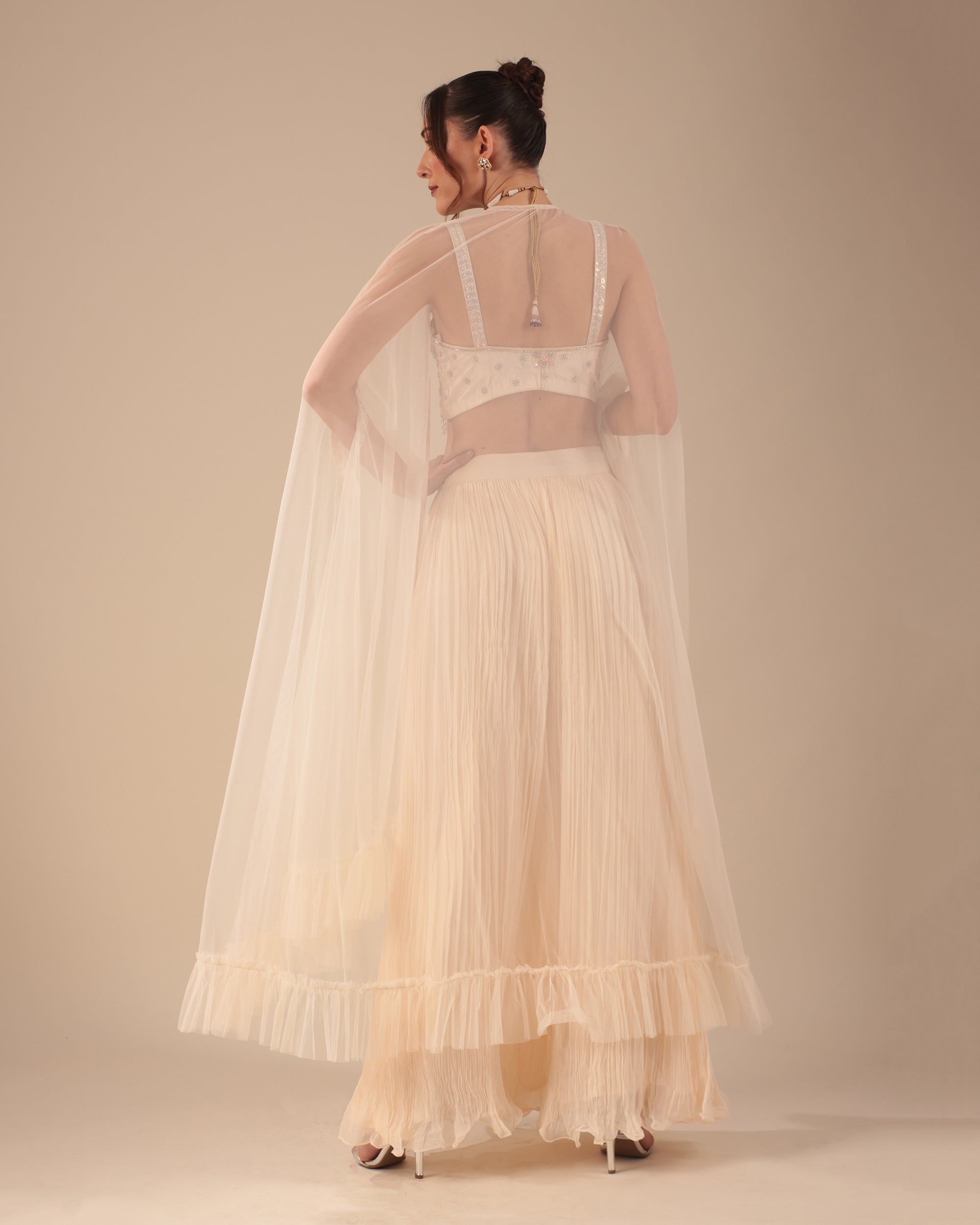 Off-White Cape Sharara Set with Embroidered Bustier