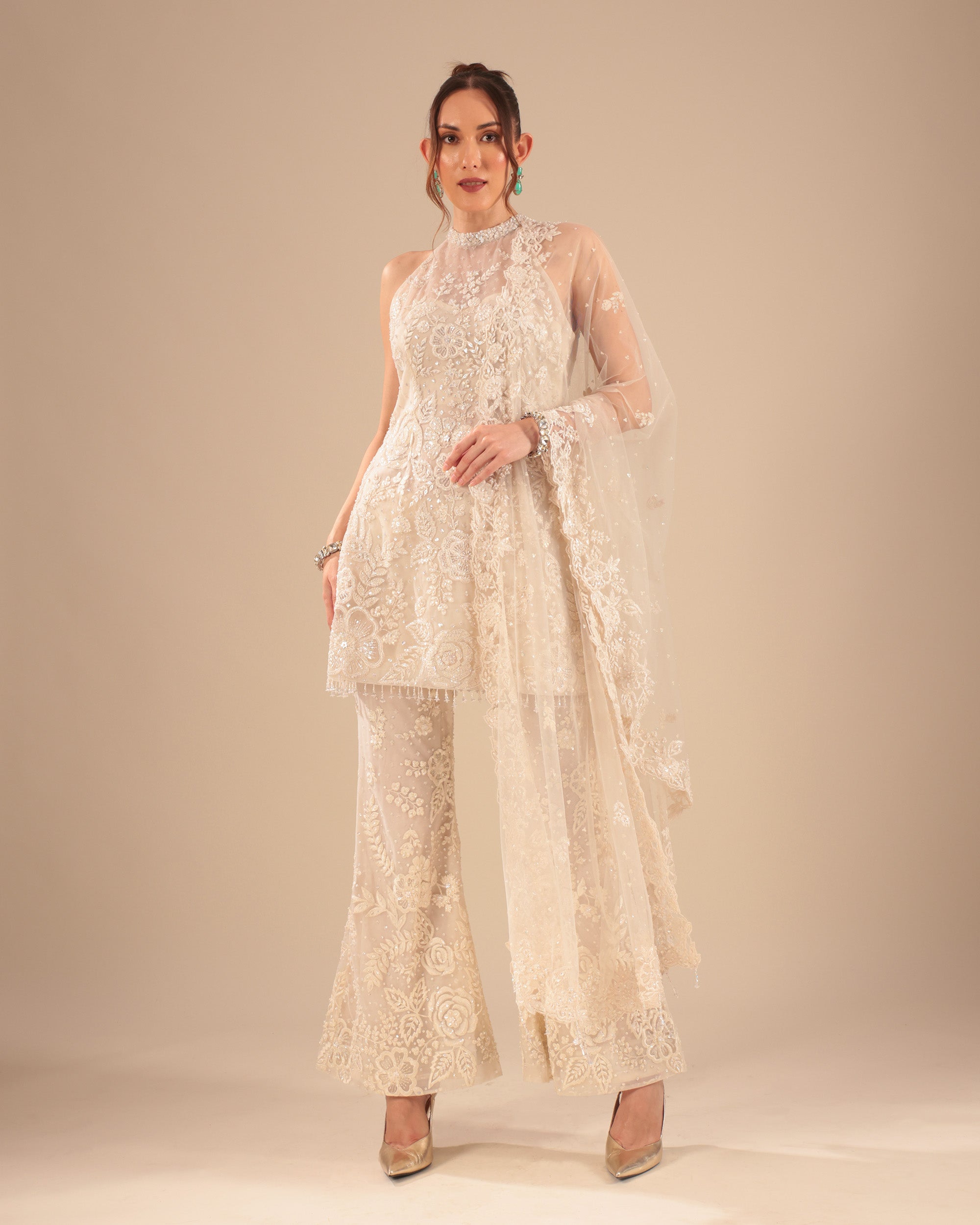 Ivory High-Neck Embroidered Pant Suit Set