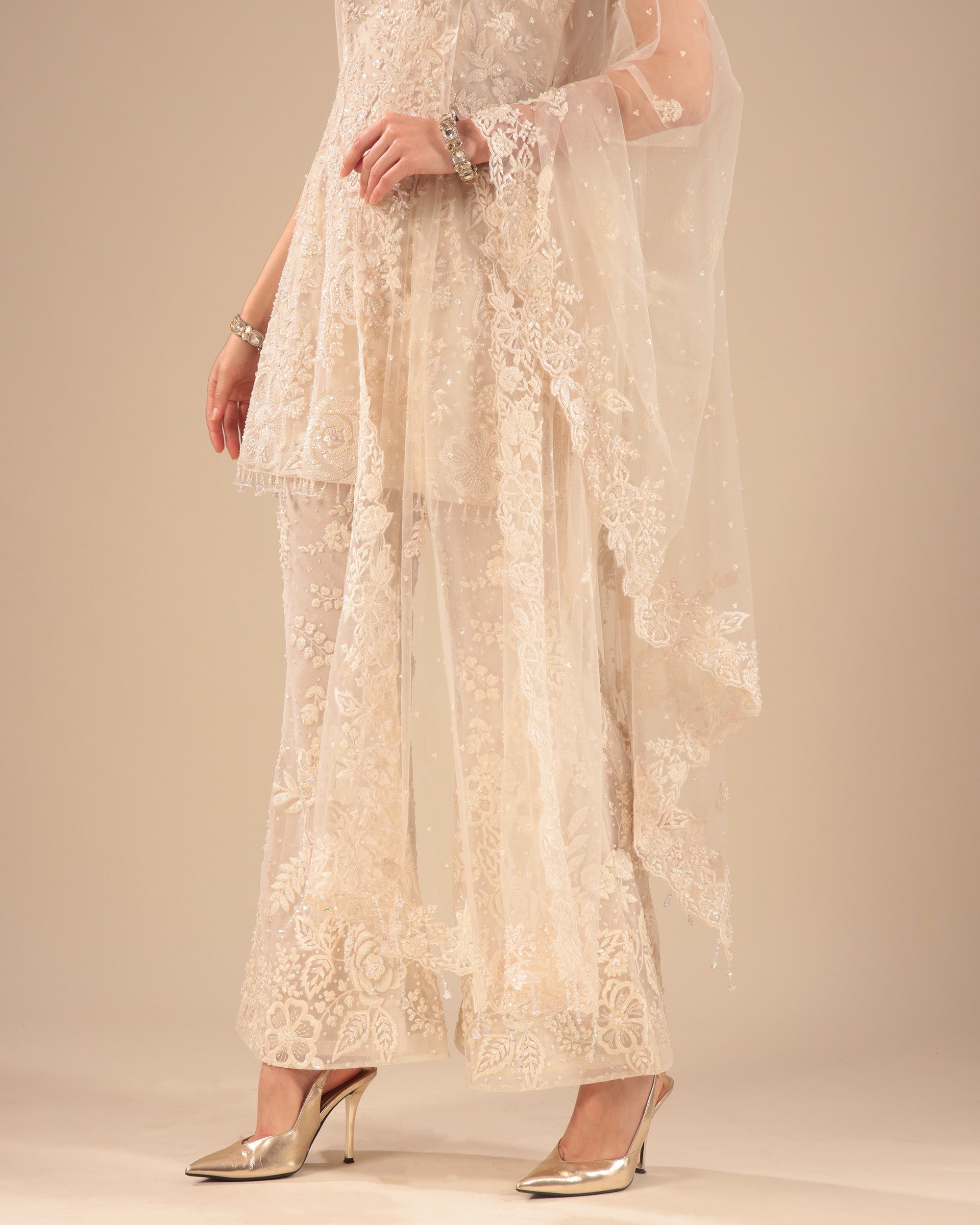 Ivory High-Neck Embroidered Pant Suit Set