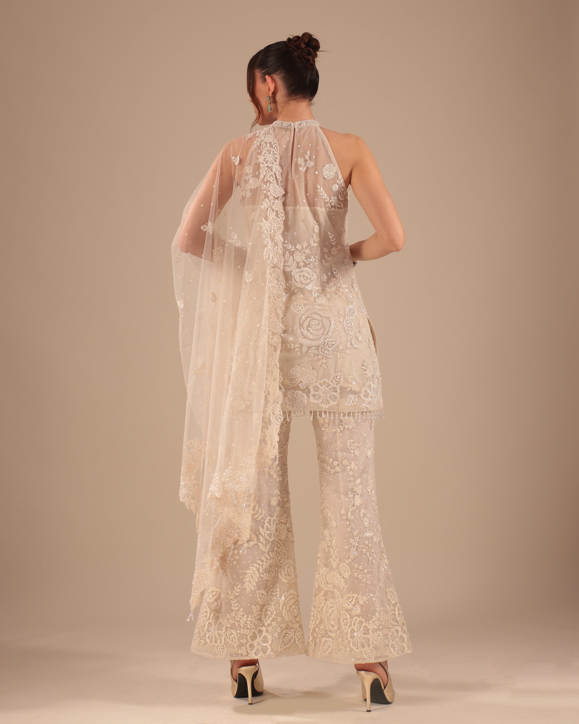 Ivory High-Neck Embroidered Pant Suit Set