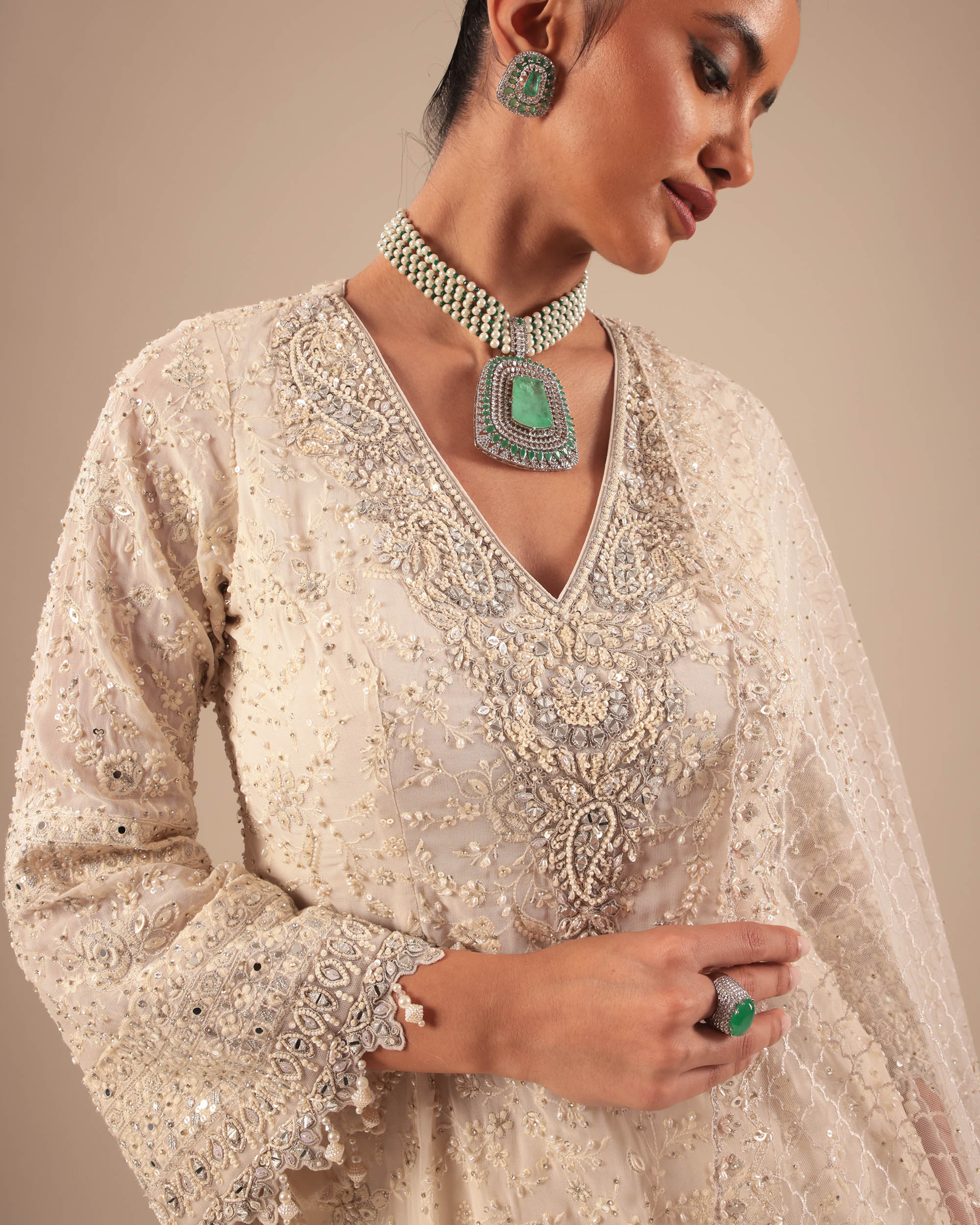 Beige Embellished Sharara Suit Set