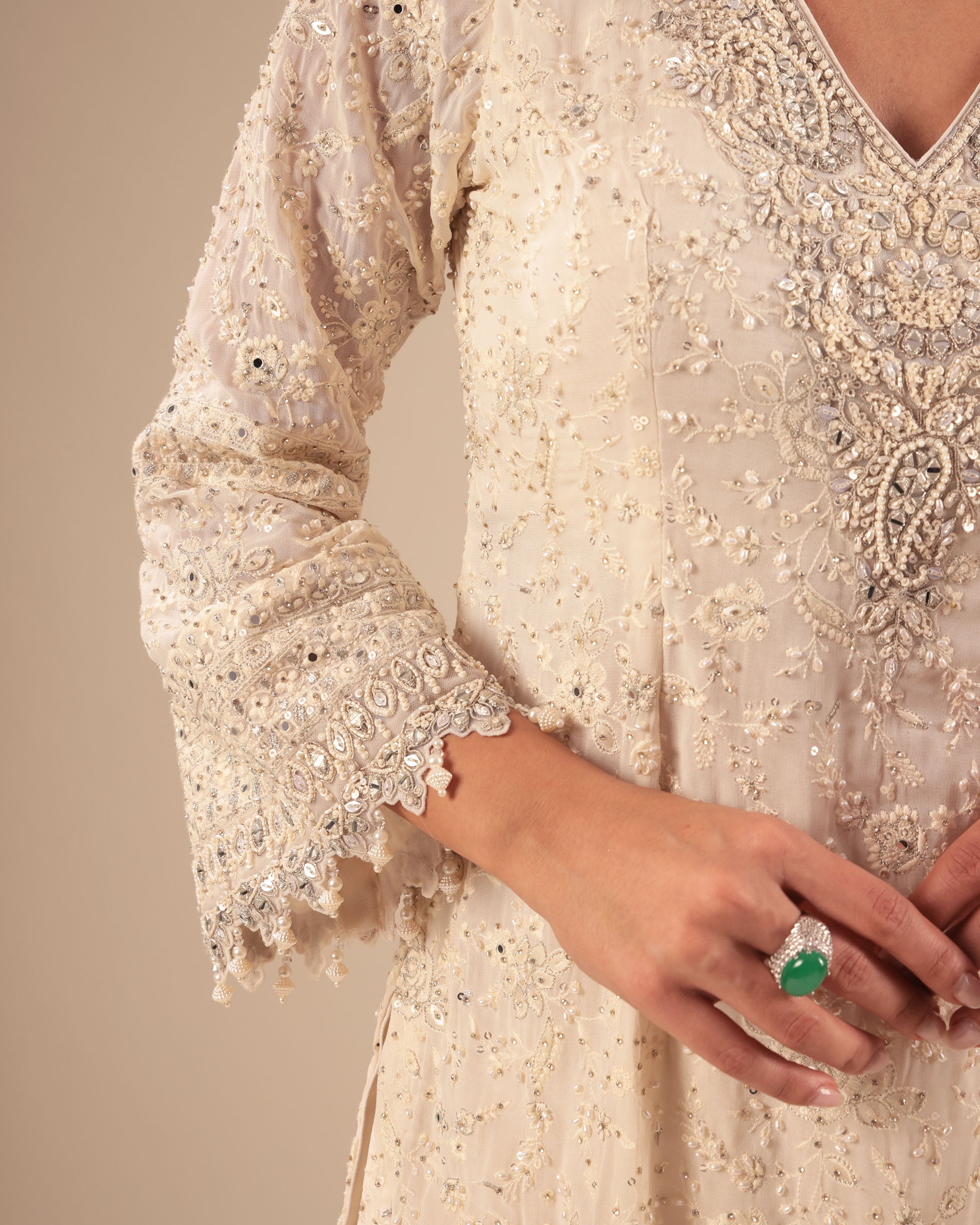 Beige Embellished Sharara Suit Set