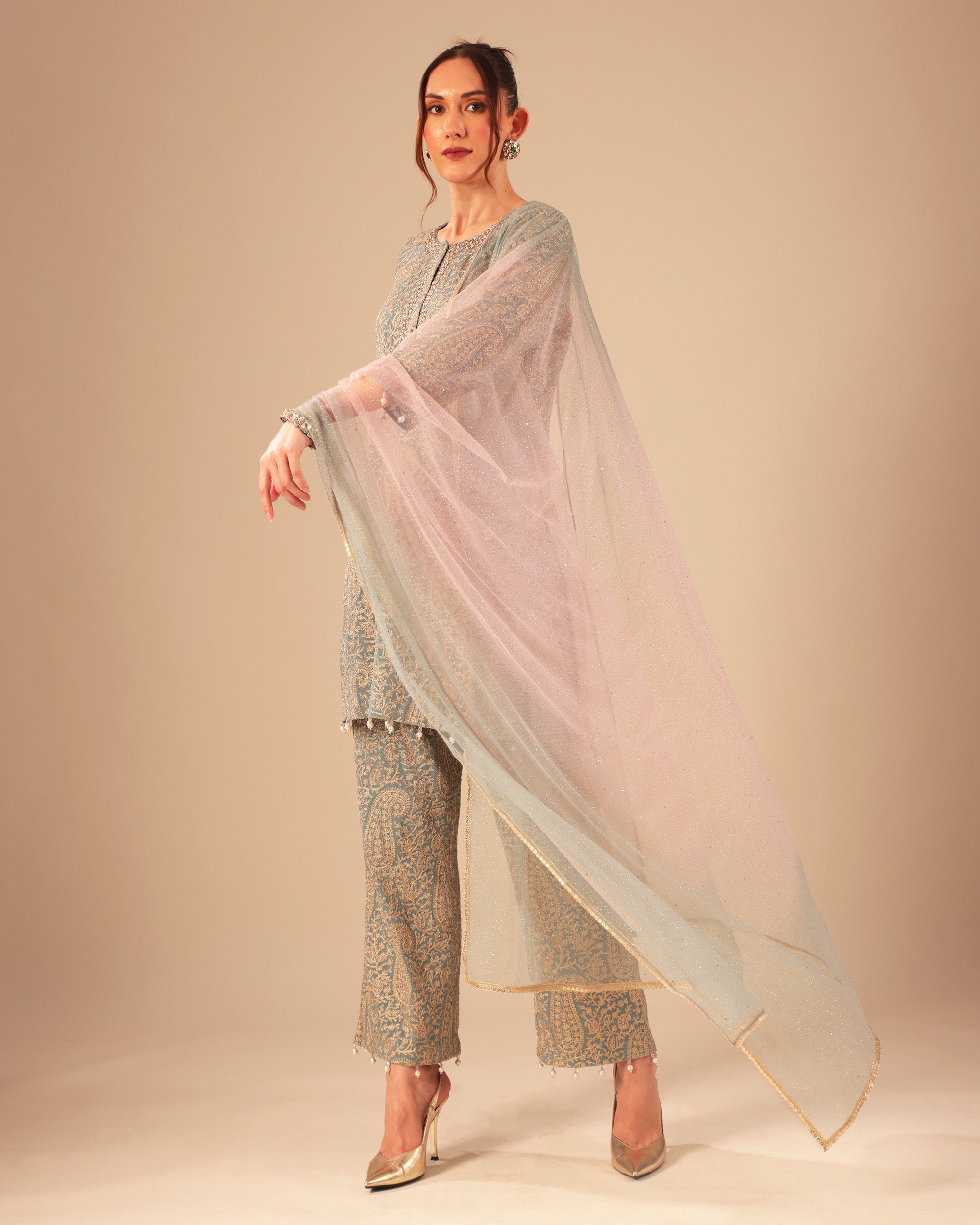 Powder Blue Embroidered Formal Pant Suit Set