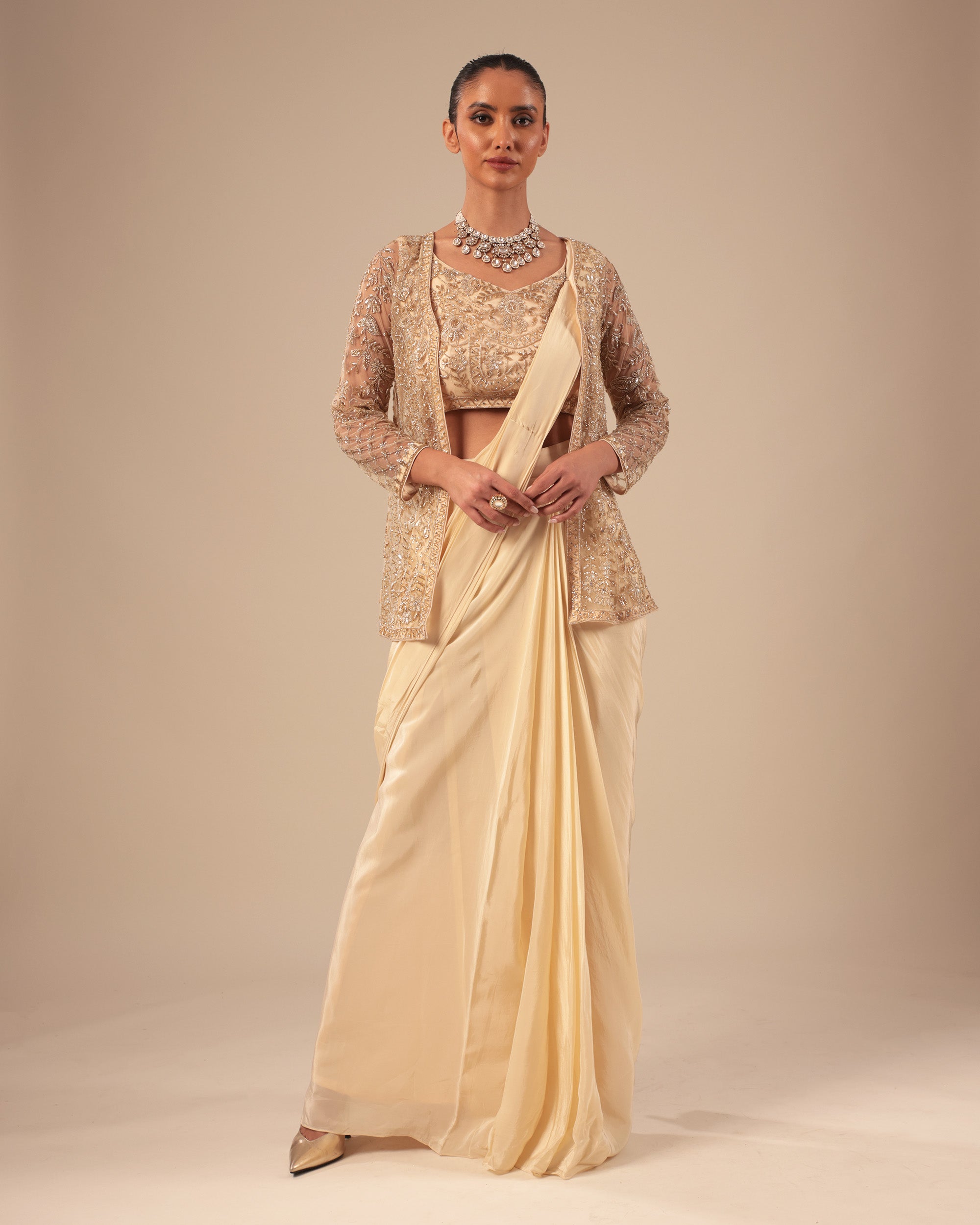 Champagne Gold Pre-Draped Saree with Embellished Jacket