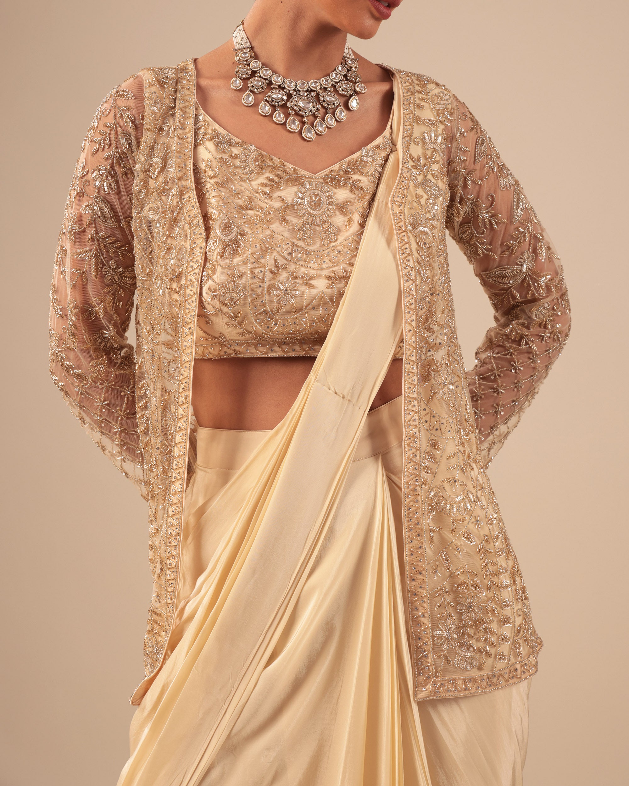 Champagne Gold Pre-Draped Saree with Embellished Jacket
