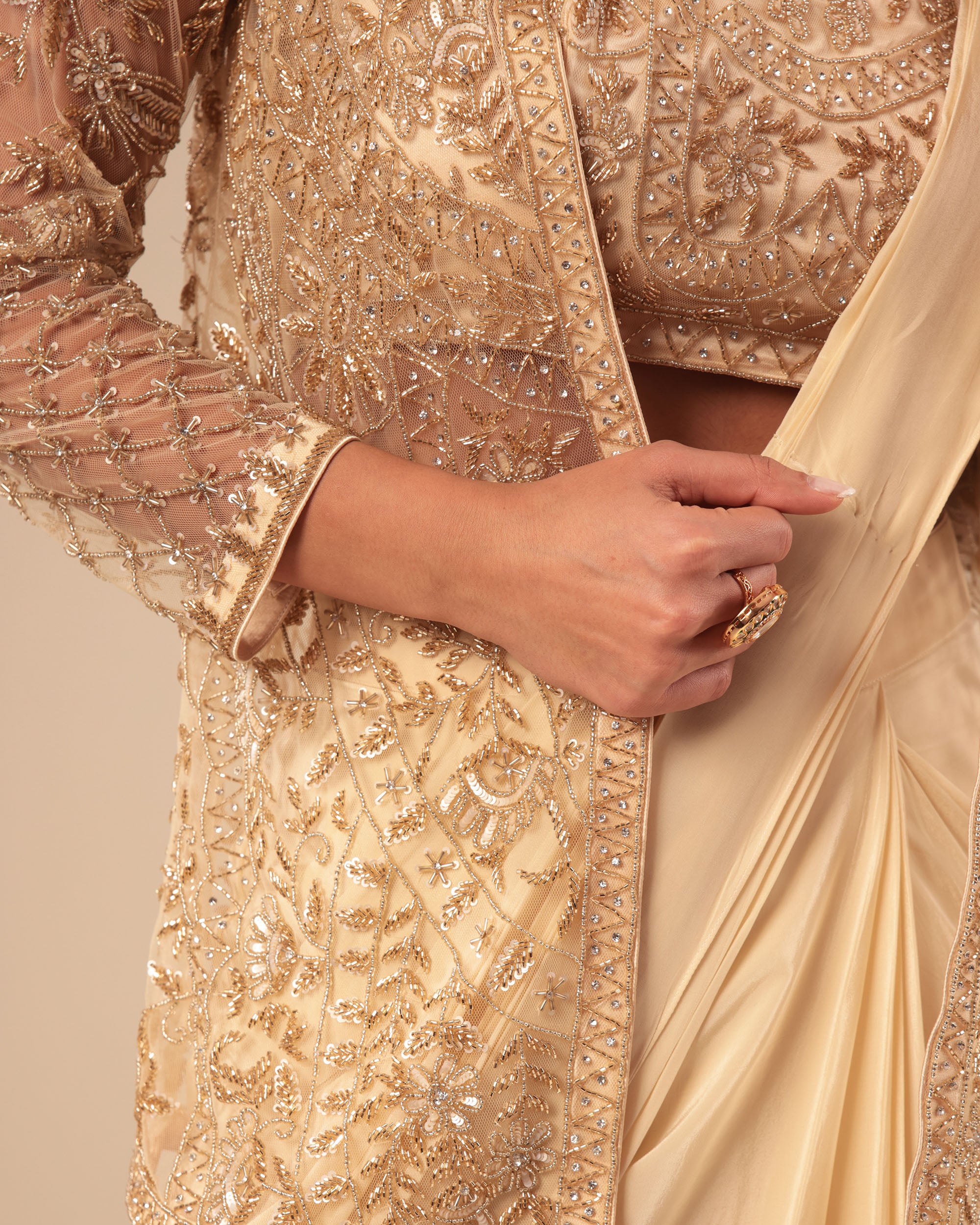 Champagne Gold Pre-Draped Saree with Embellished Jacket