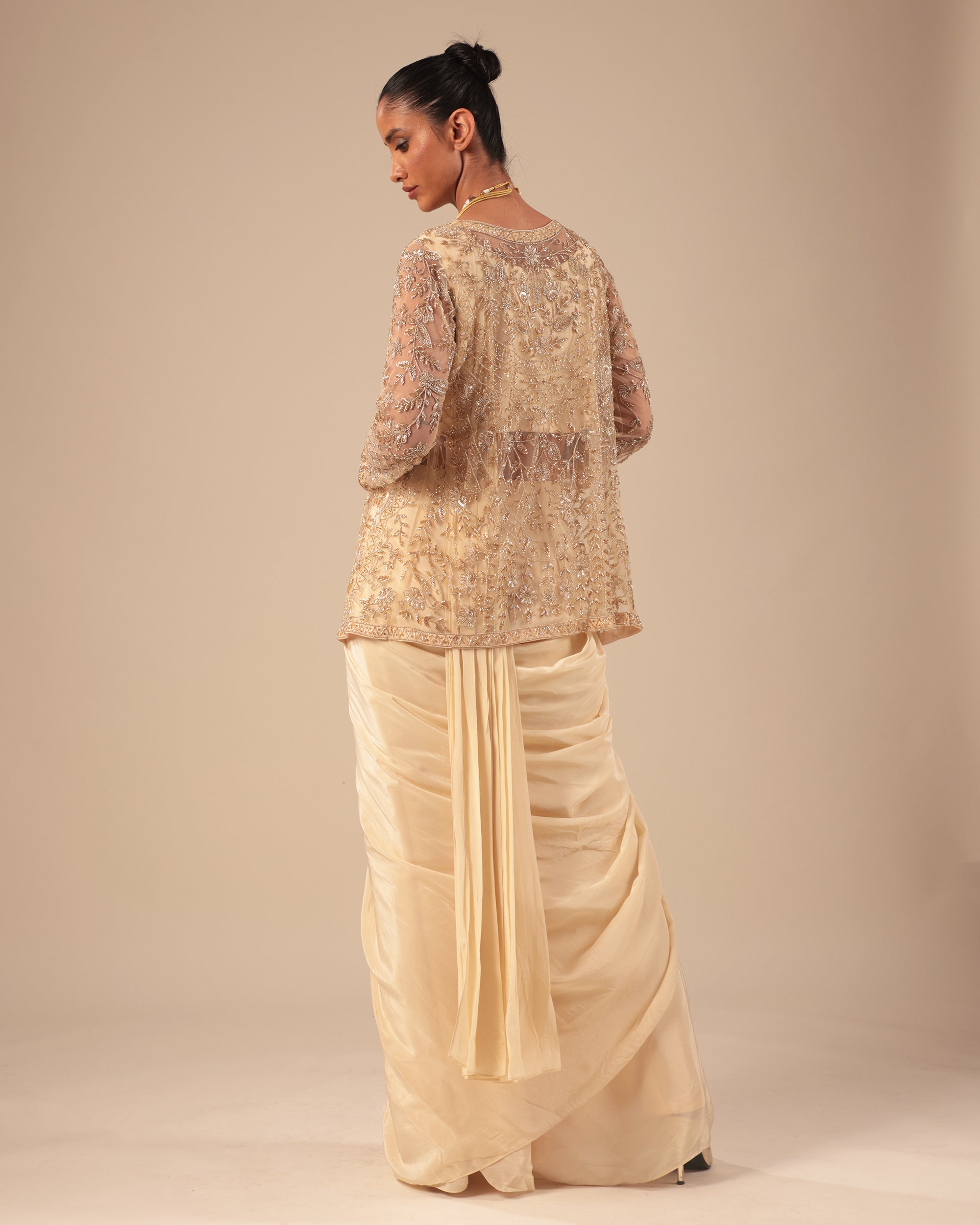 Champagne Gold Pre-Draped Saree with Embellished Jacket