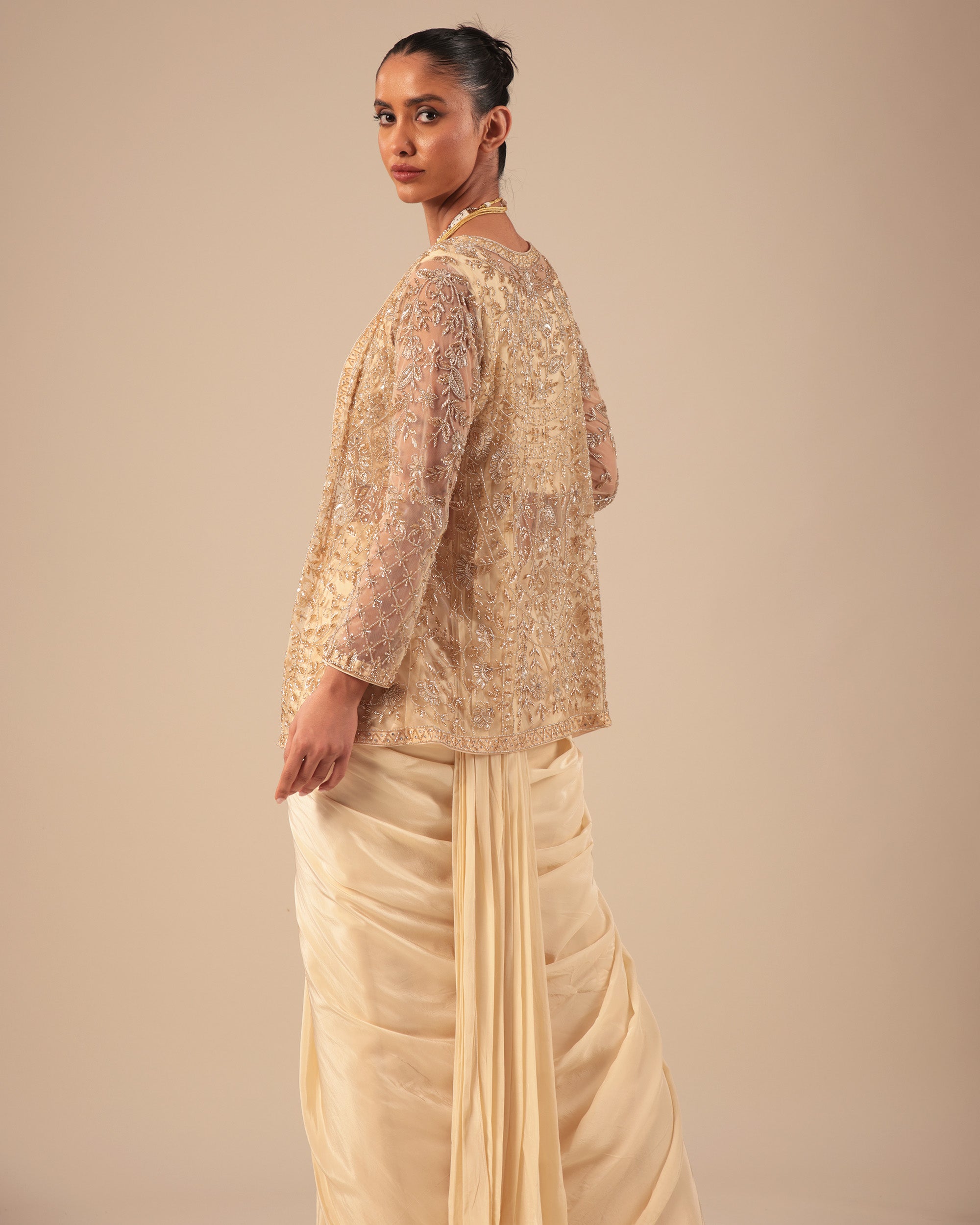 Champagne Gold Pre-Draped Saree with Embellished Jacket