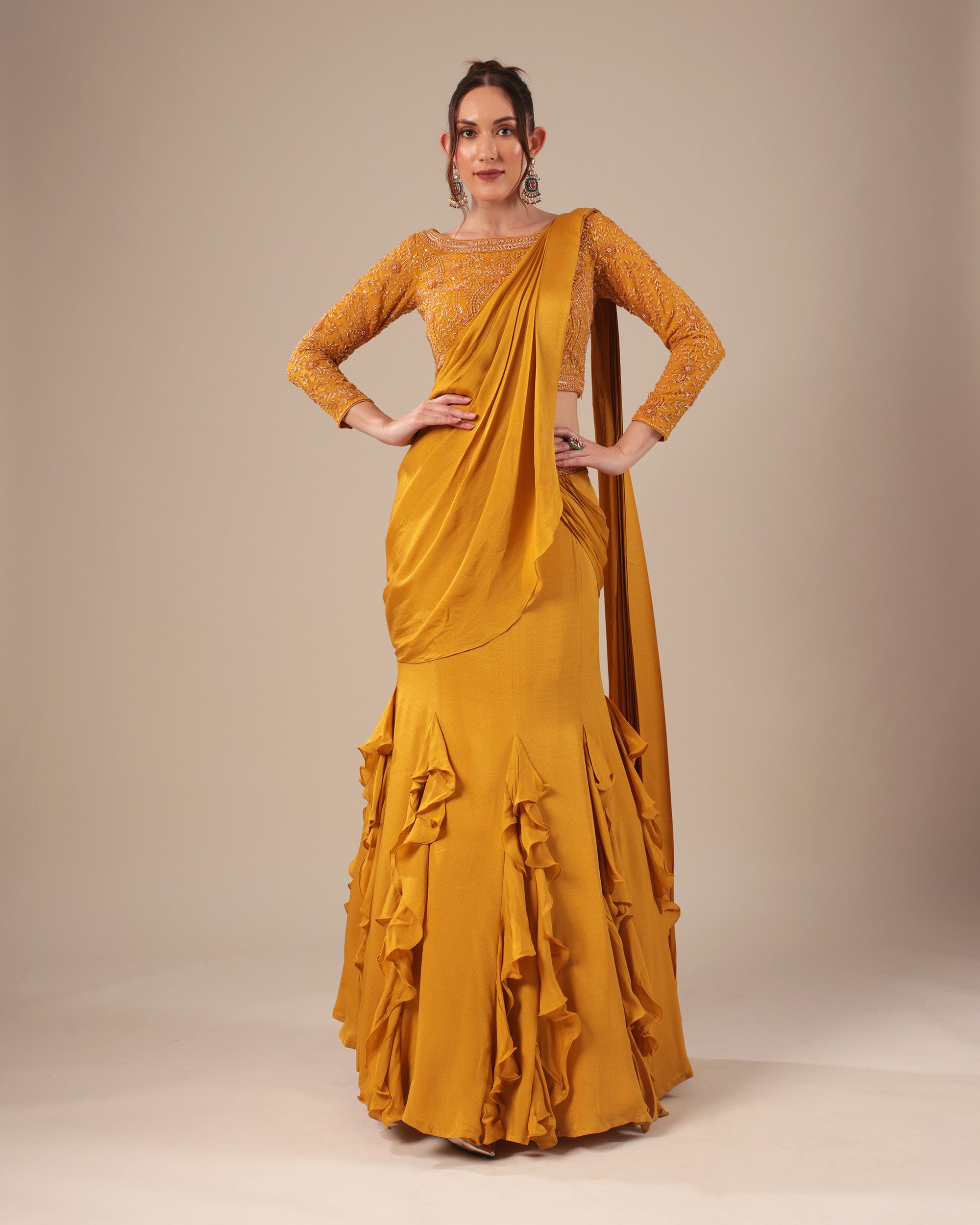 Mustard Ruffle Drape Saree Set with Embroidered Blouse