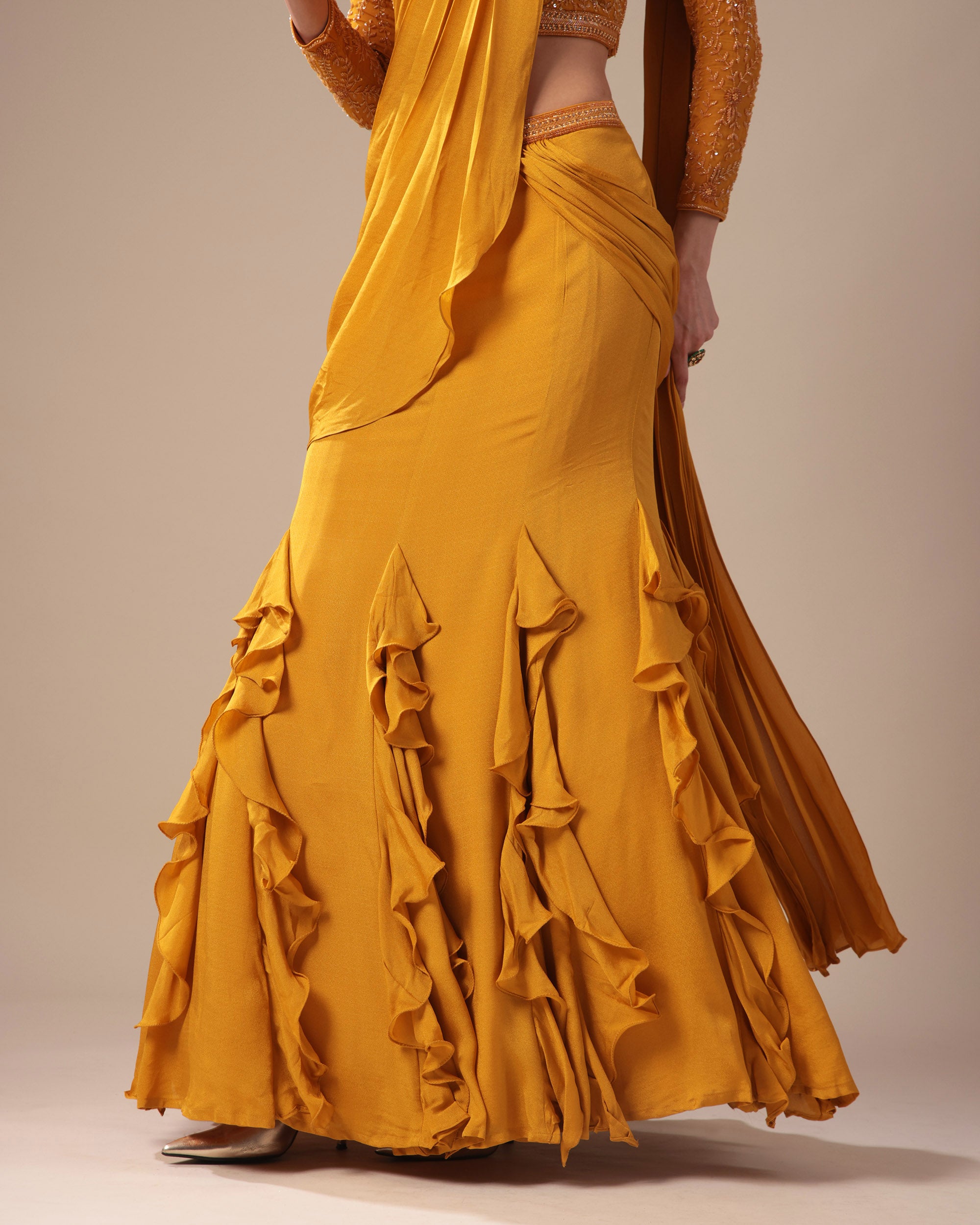 Mustard Ruffle Drape Saree Set with Embroidered Blouse