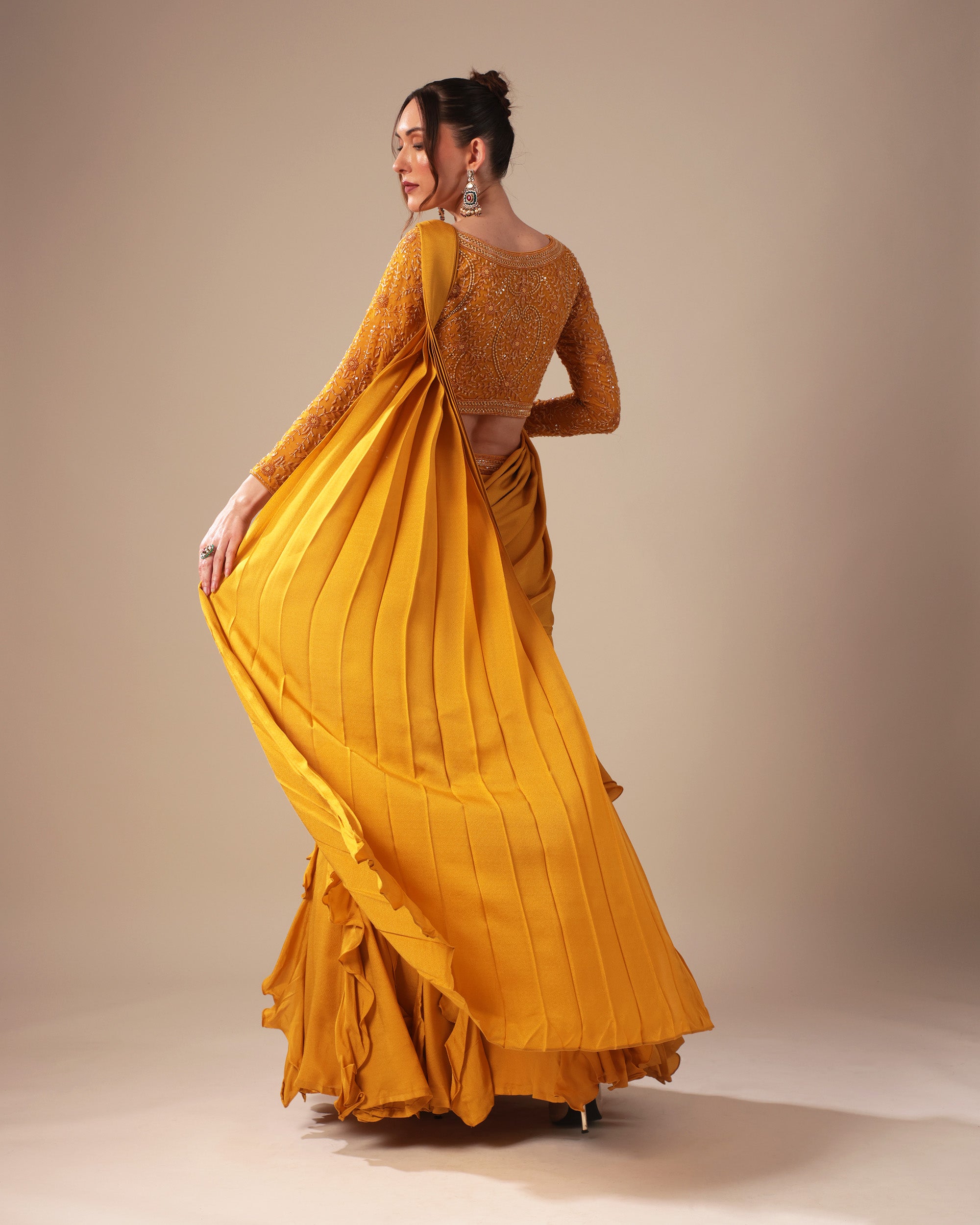 Mustard Ruffle Drape Saree Set with Embroidered Blouse