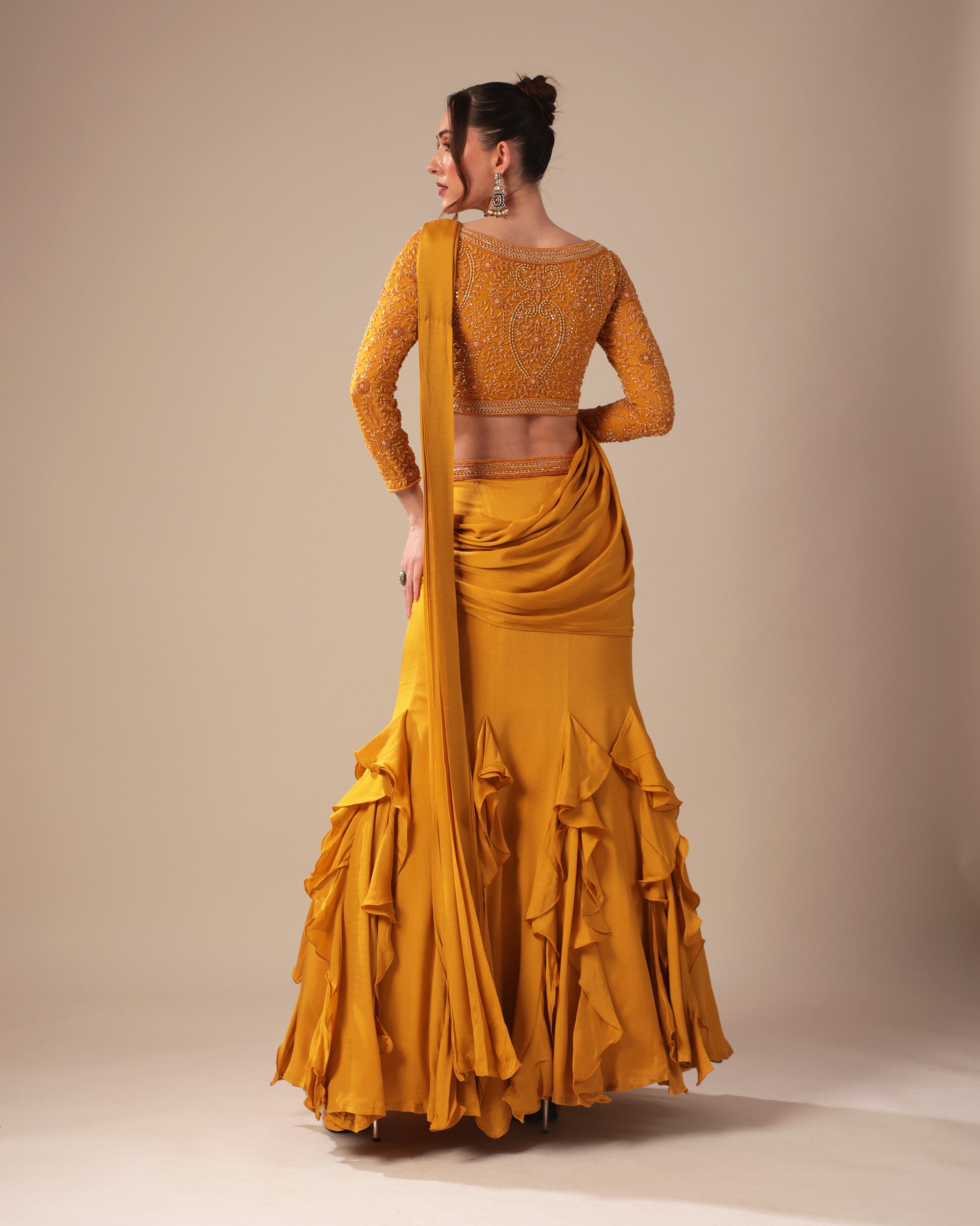 Mustard Ruffle Drape Saree Set with Embroidered Blouse