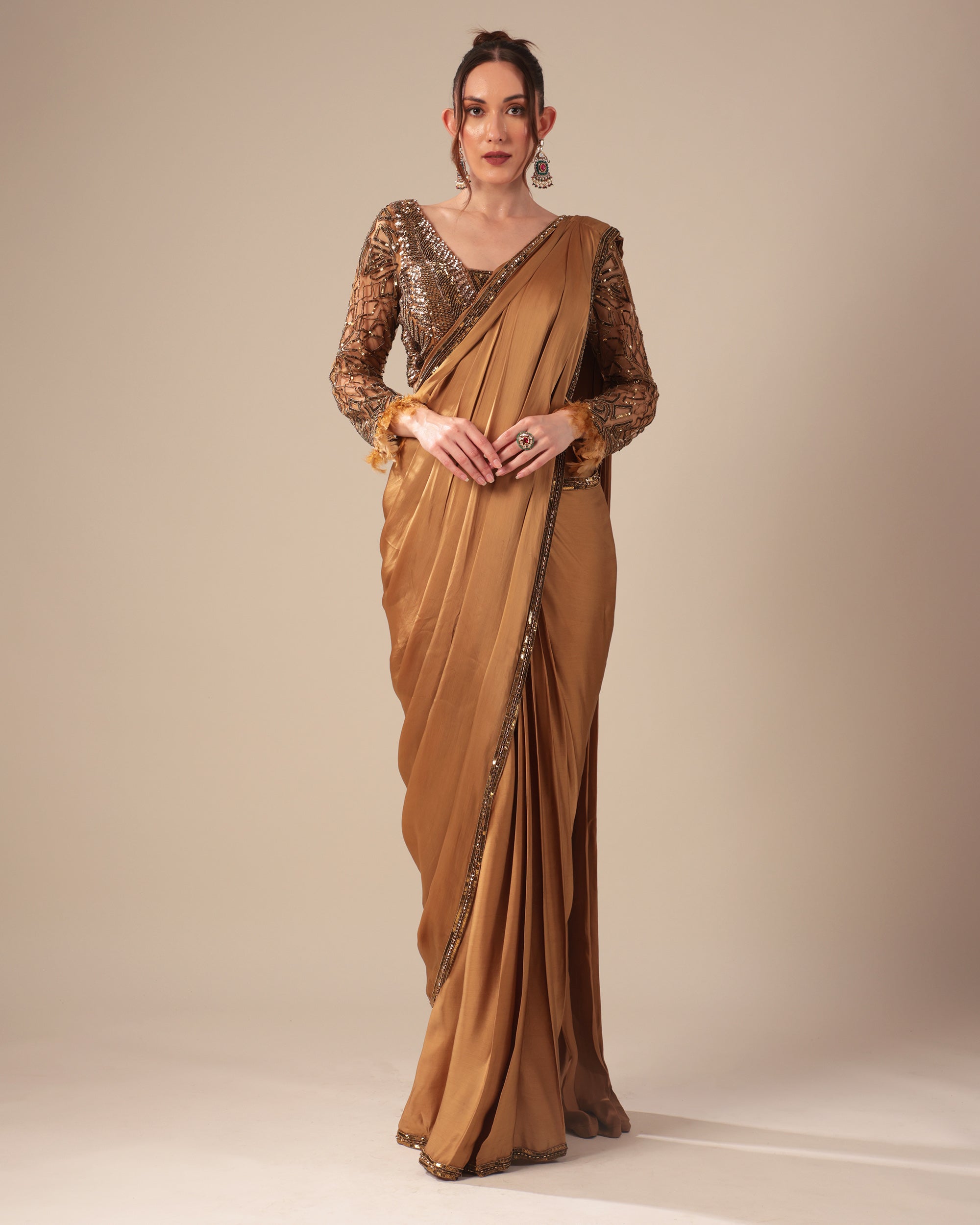 Bronze Designer Saree with Sequin Embroidered Blouse