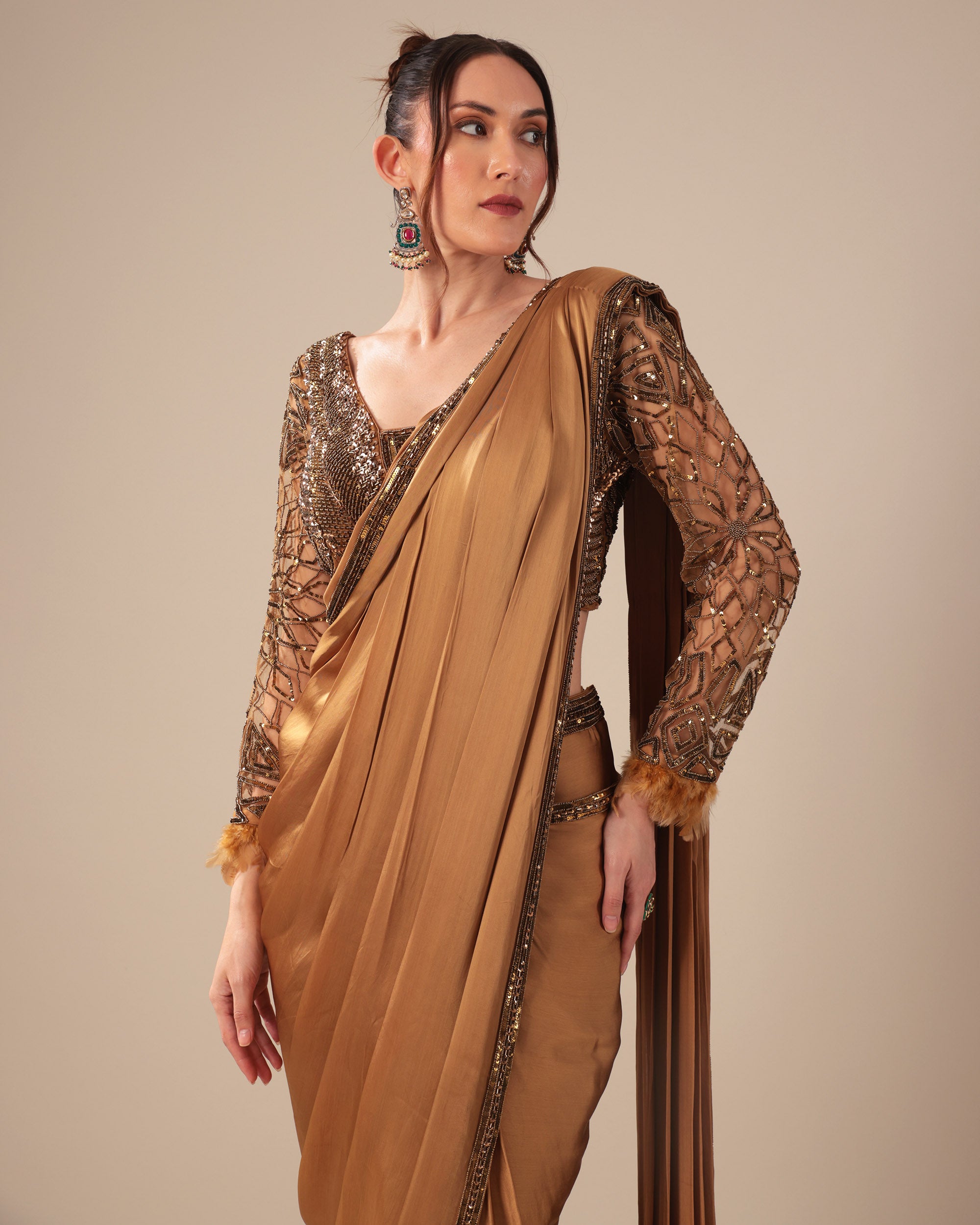 Bronze Designer Saree with Sequin Embroidered Blouse