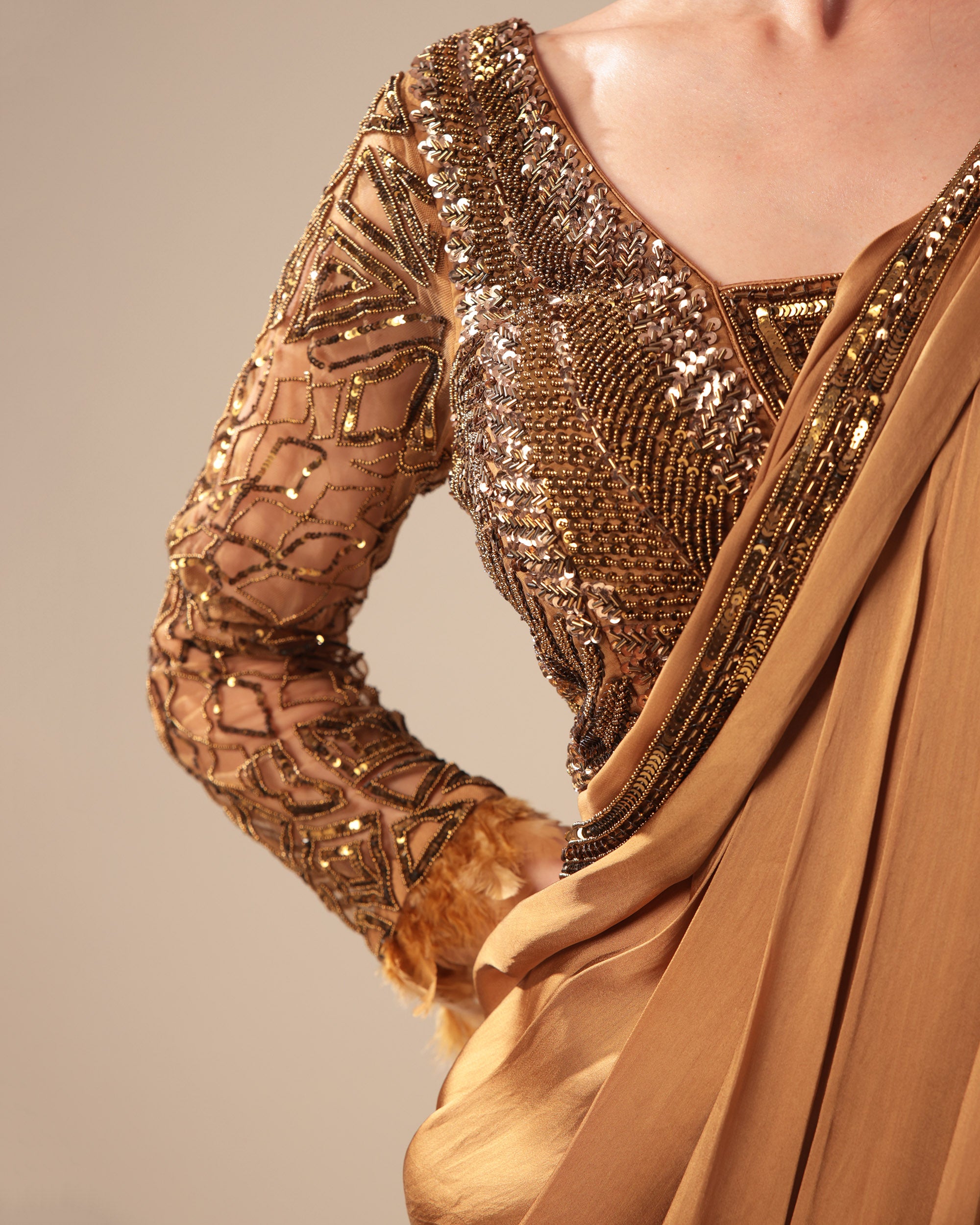 Bronze Designer Saree with Sequin Embroidered Blouse