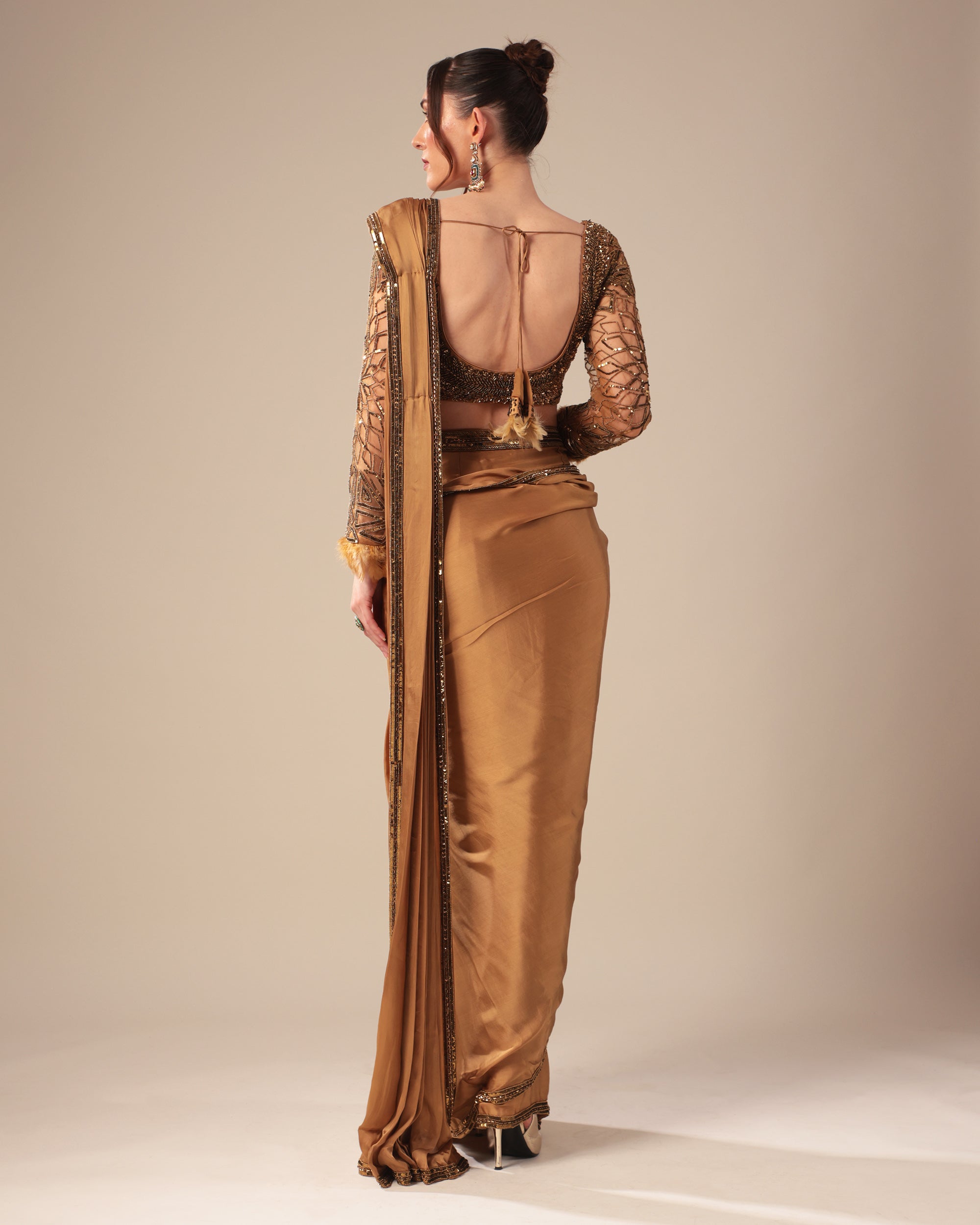 Bronze Designer Saree with Sequin Embroidered Blouse