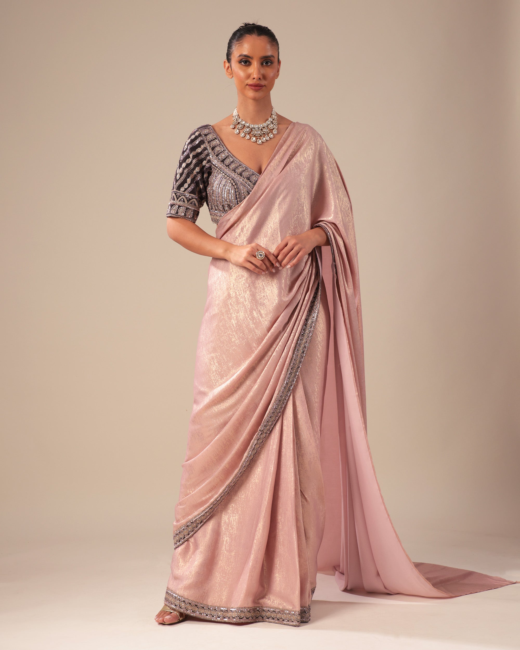 Onion Pink Shimmer Saree with Embellished Blouse