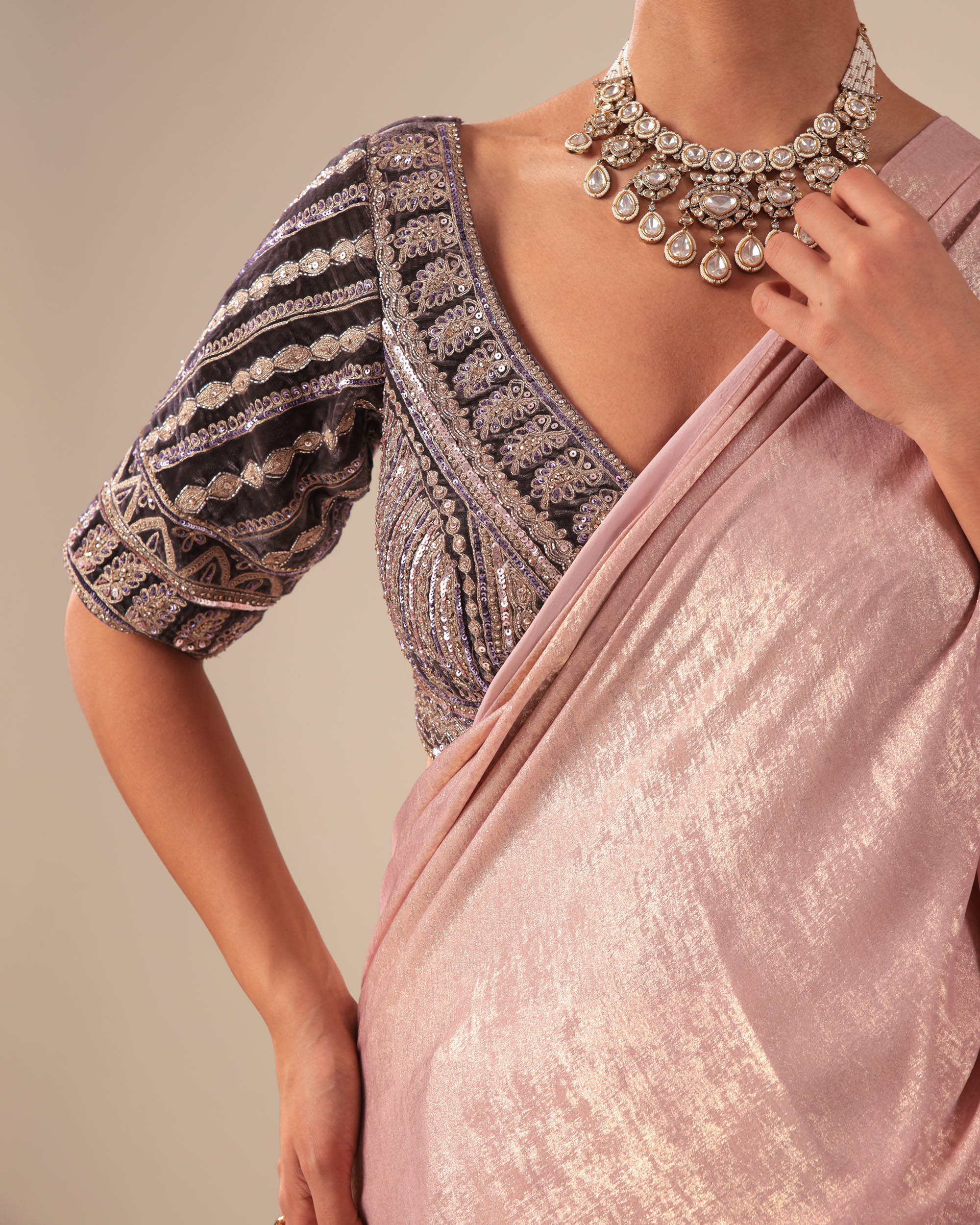 Onion Pink Shimmer Saree with Embellished Blouse