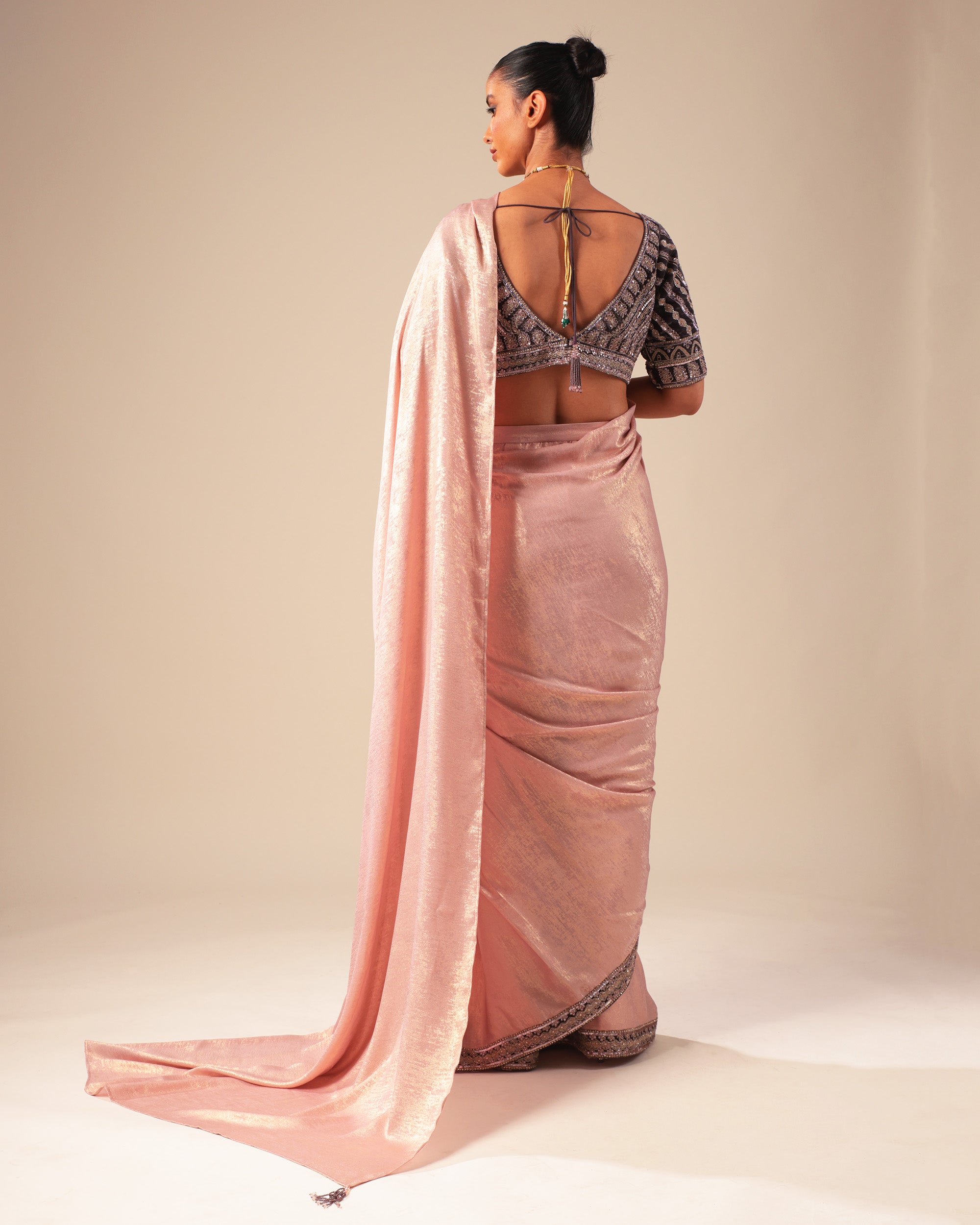 Onion Pink Shimmer Saree with Embellished Blouse