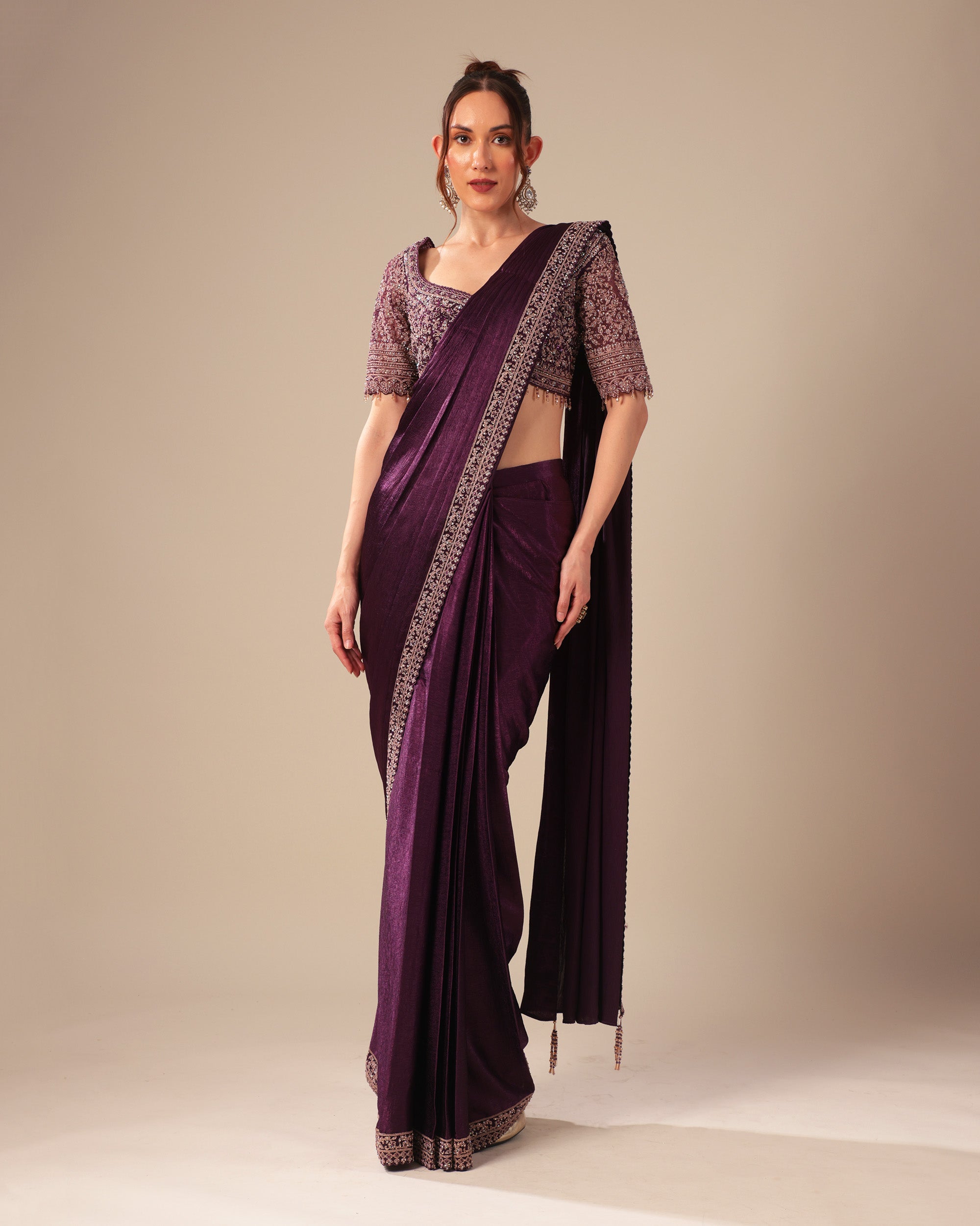 Deep Plum Shimmer Saree with Embroidered Blouse