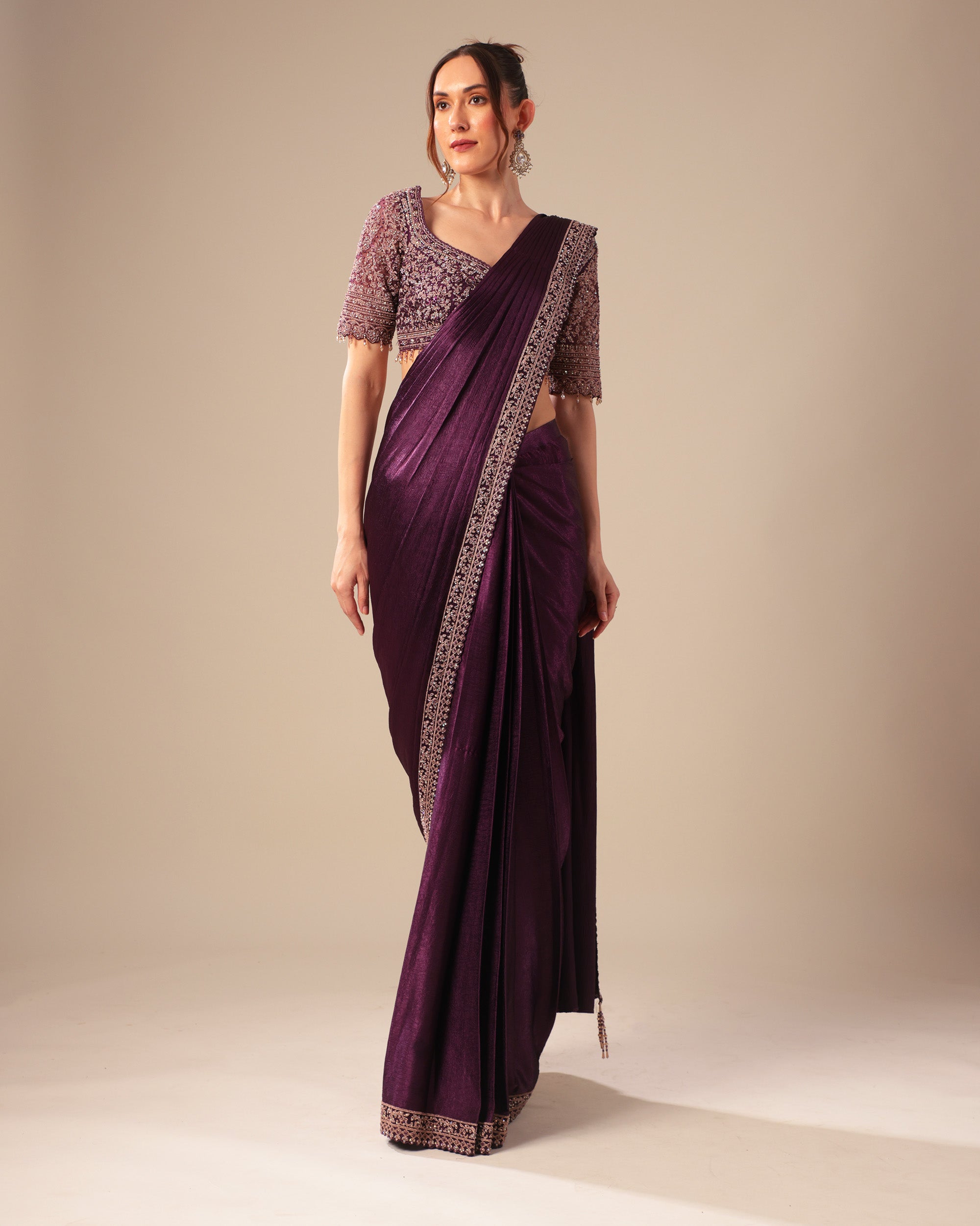 Deep Plum Shimmer Saree with Embroidered Blouse