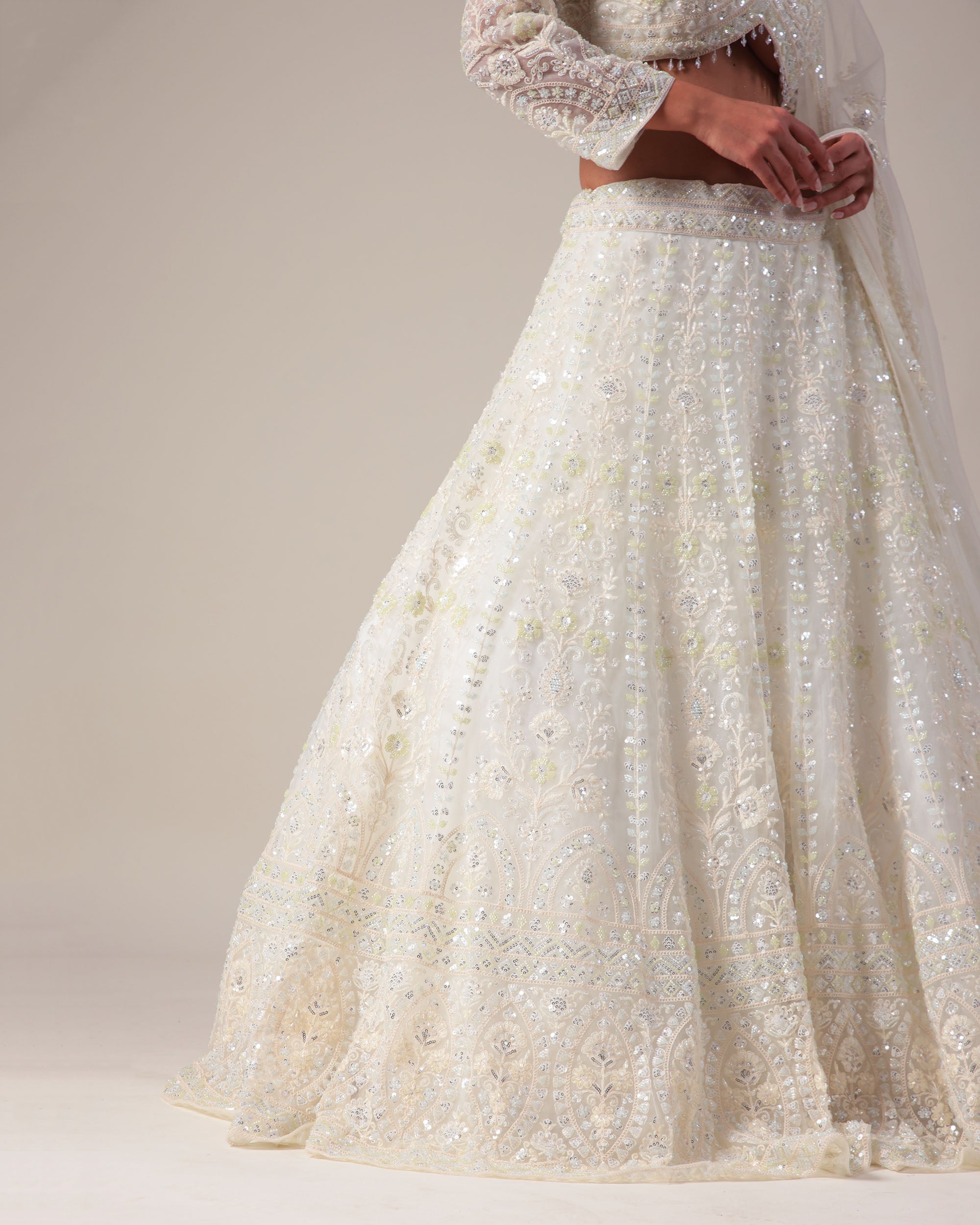 Ivory Embellished Lehenga with V-Neck Blouse & Dupatta