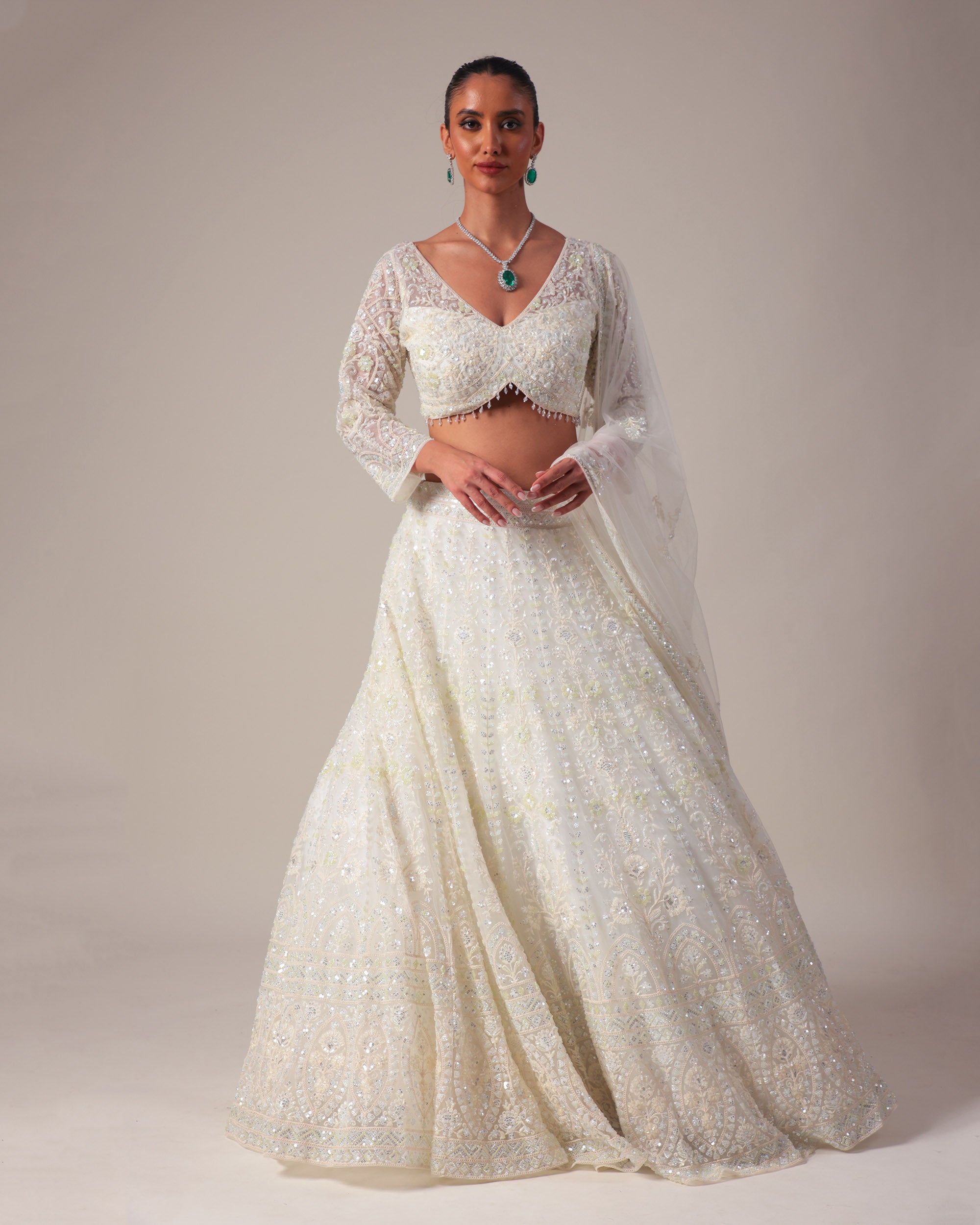 Ivory Embellished Lehenga with V-Neck Blouse & Dupatta