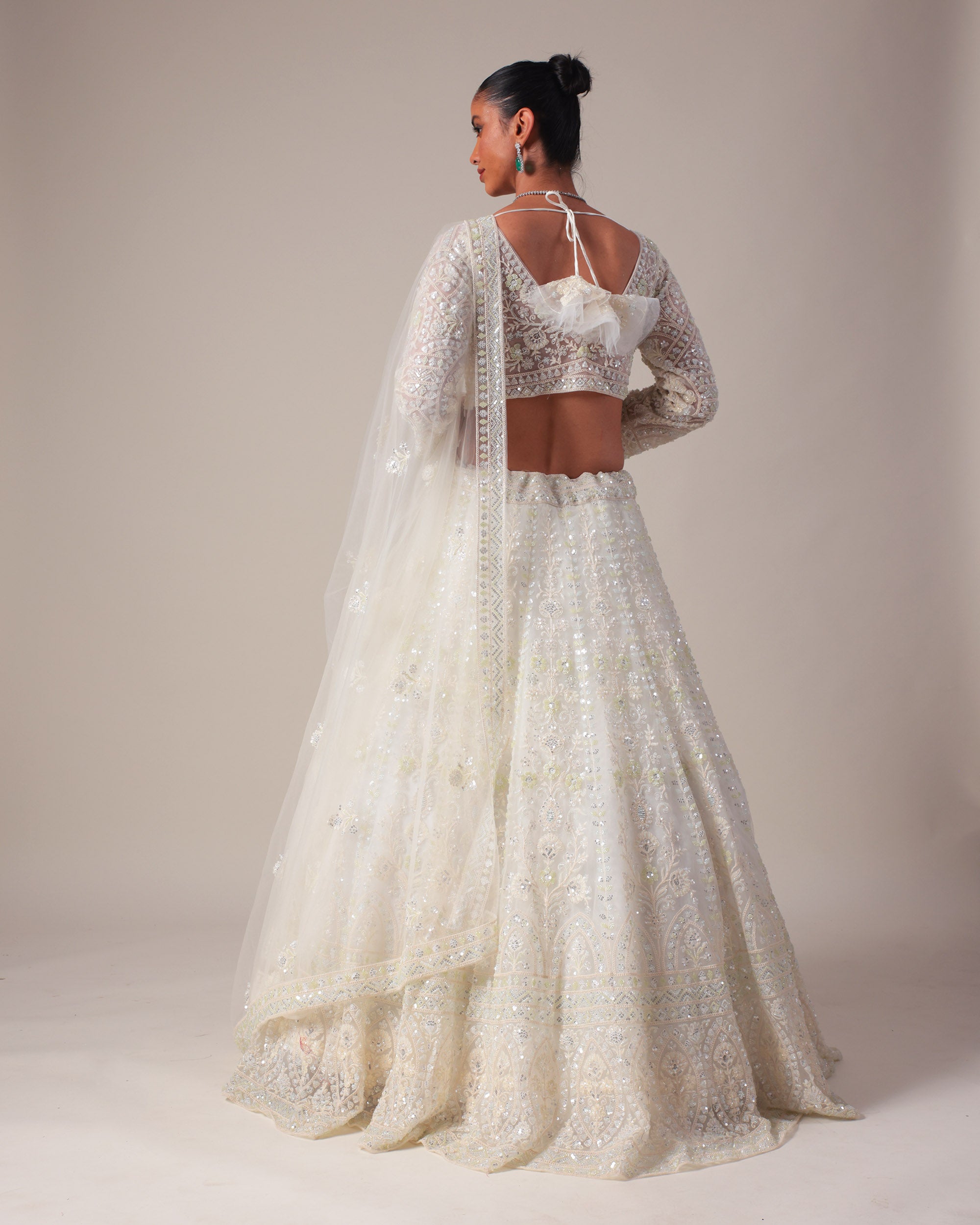 Ivory Embellished Lehenga with V-Neck Blouse & Dupatta