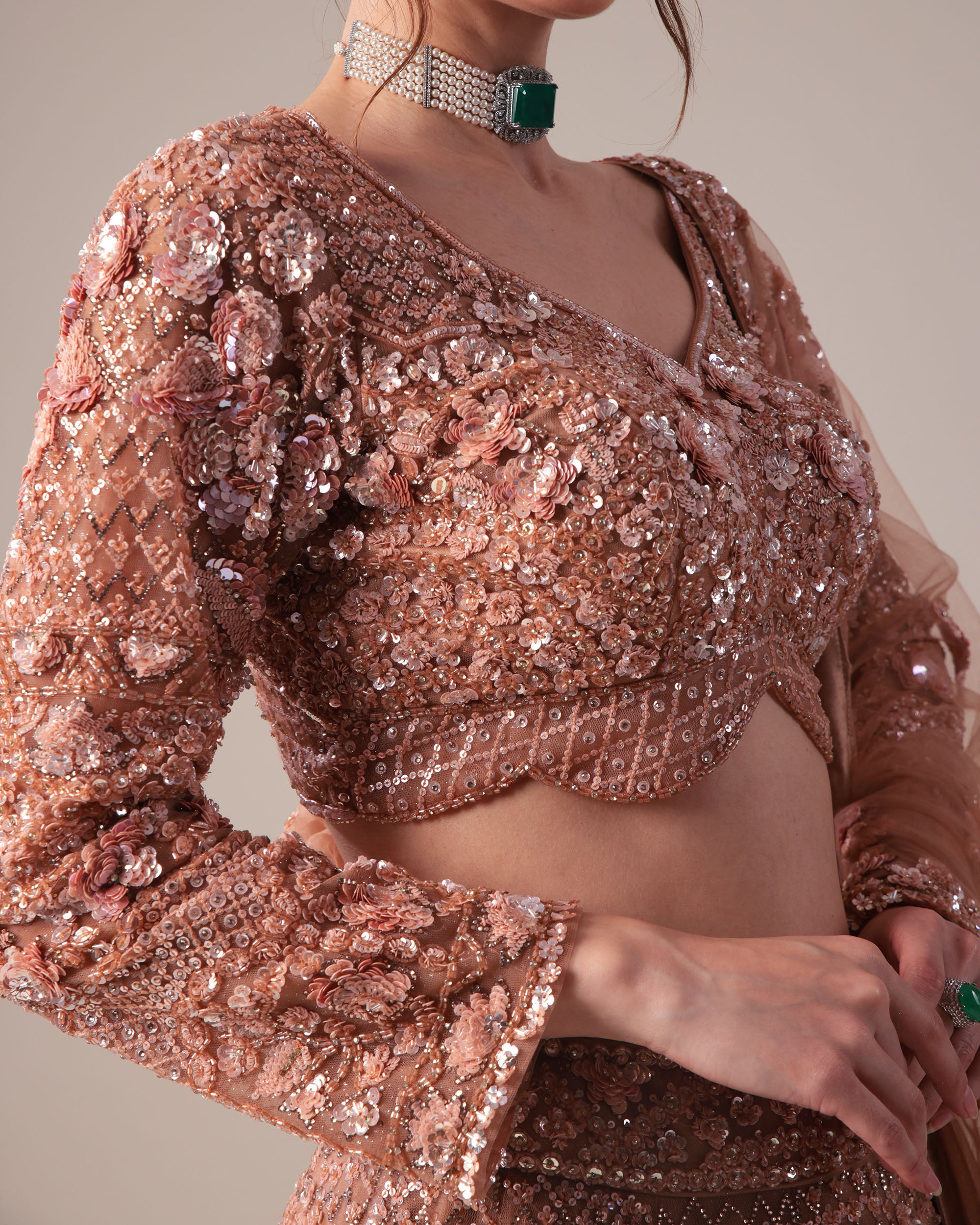 Rose Gold Sequin Embroidered Bridal Lehenga Set