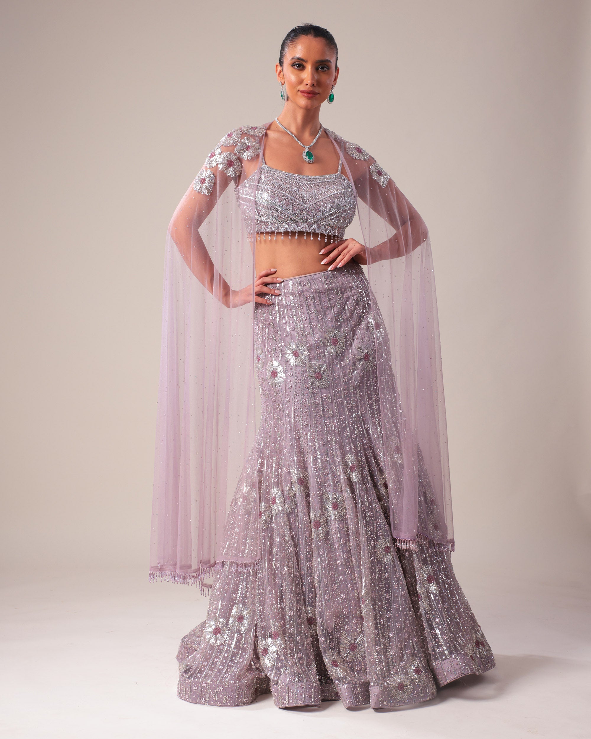 Lavender Sequin Embellished Lehenga Set with Cape Dupatta