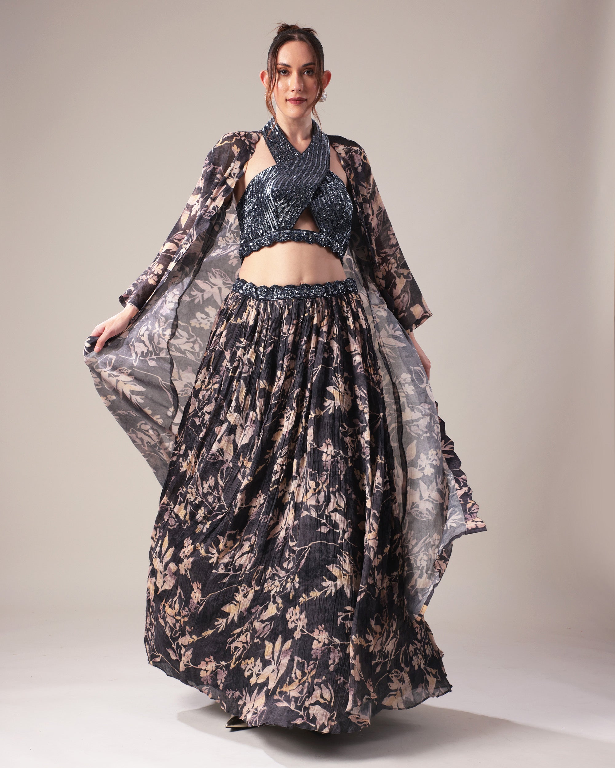 Midnight Floral Lehenga Set with Halter Blouse and Cape