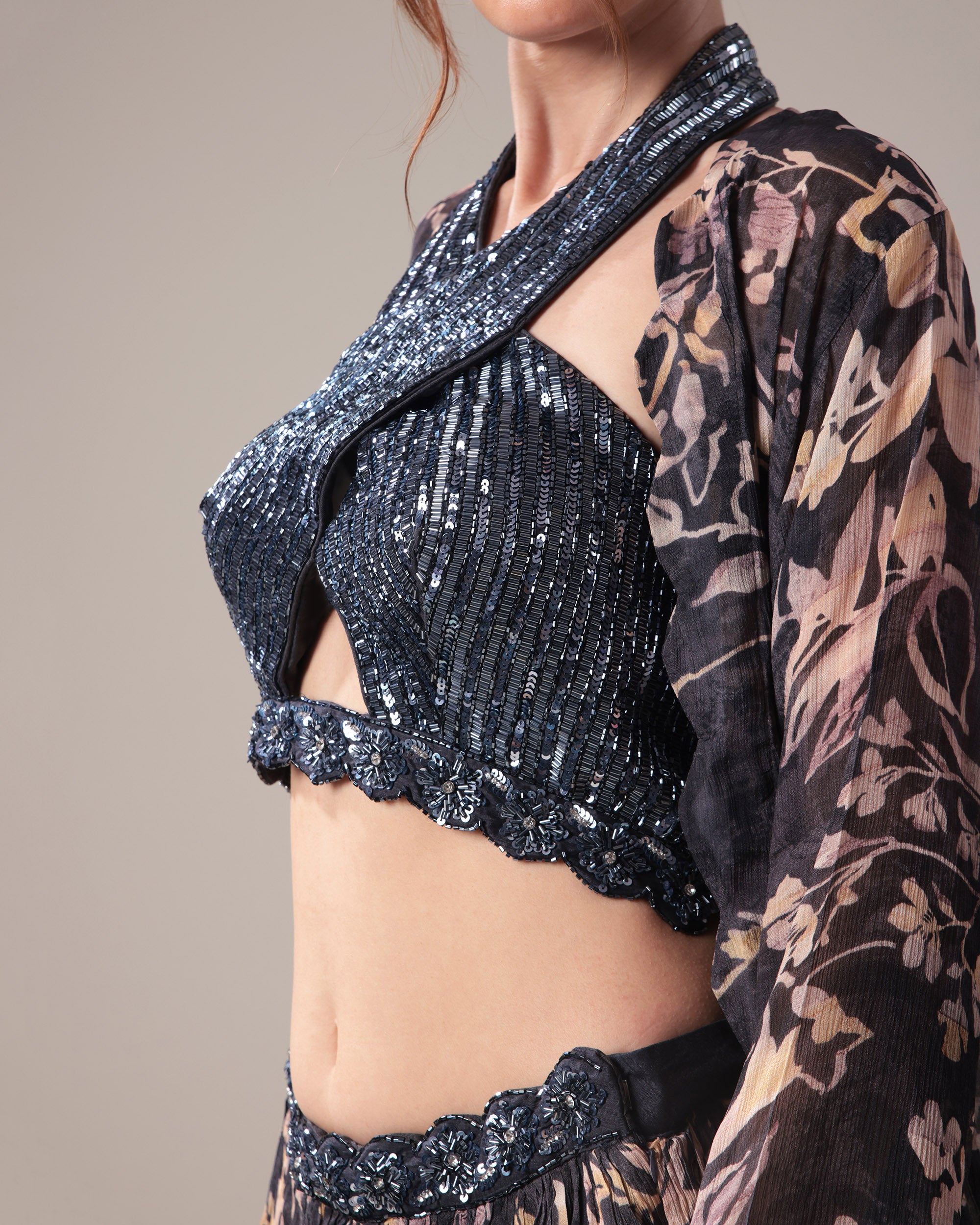 Midnight Floral Lehenga Set with Halter Blouse and Cape