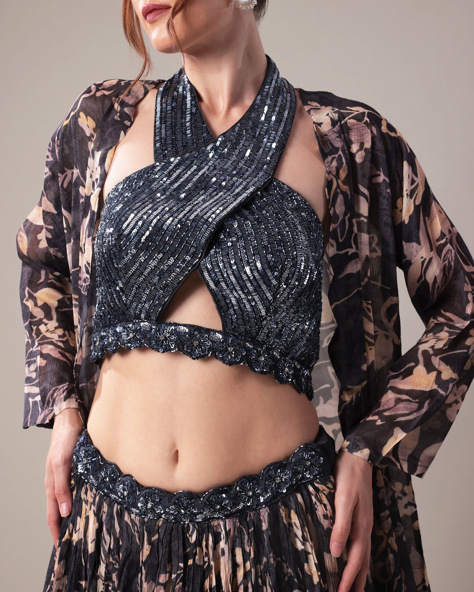 Midnight Floral Lehenga Set with Halter Blouse and Cape