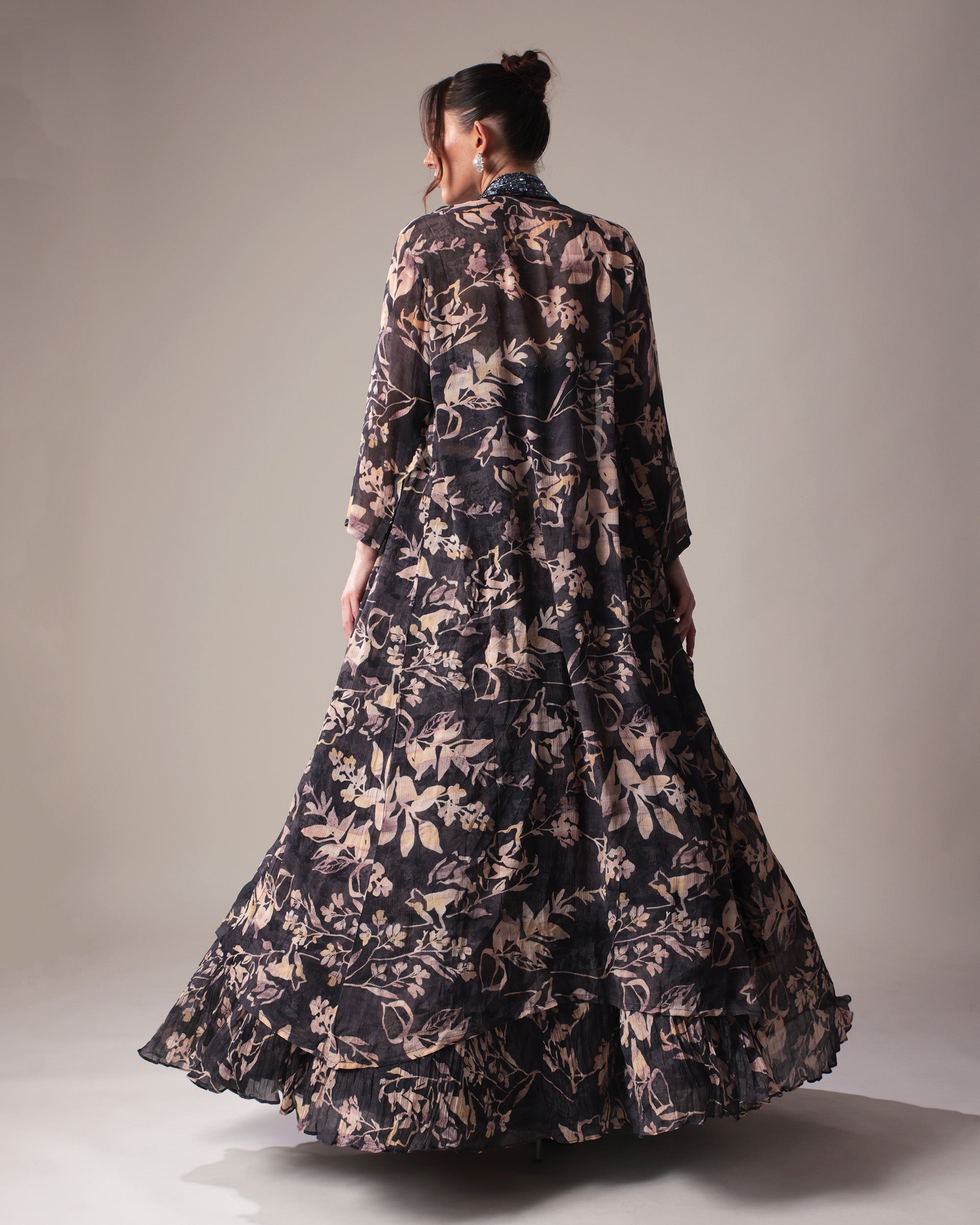 Midnight Floral Lehenga Set with Halter Blouse and Cape