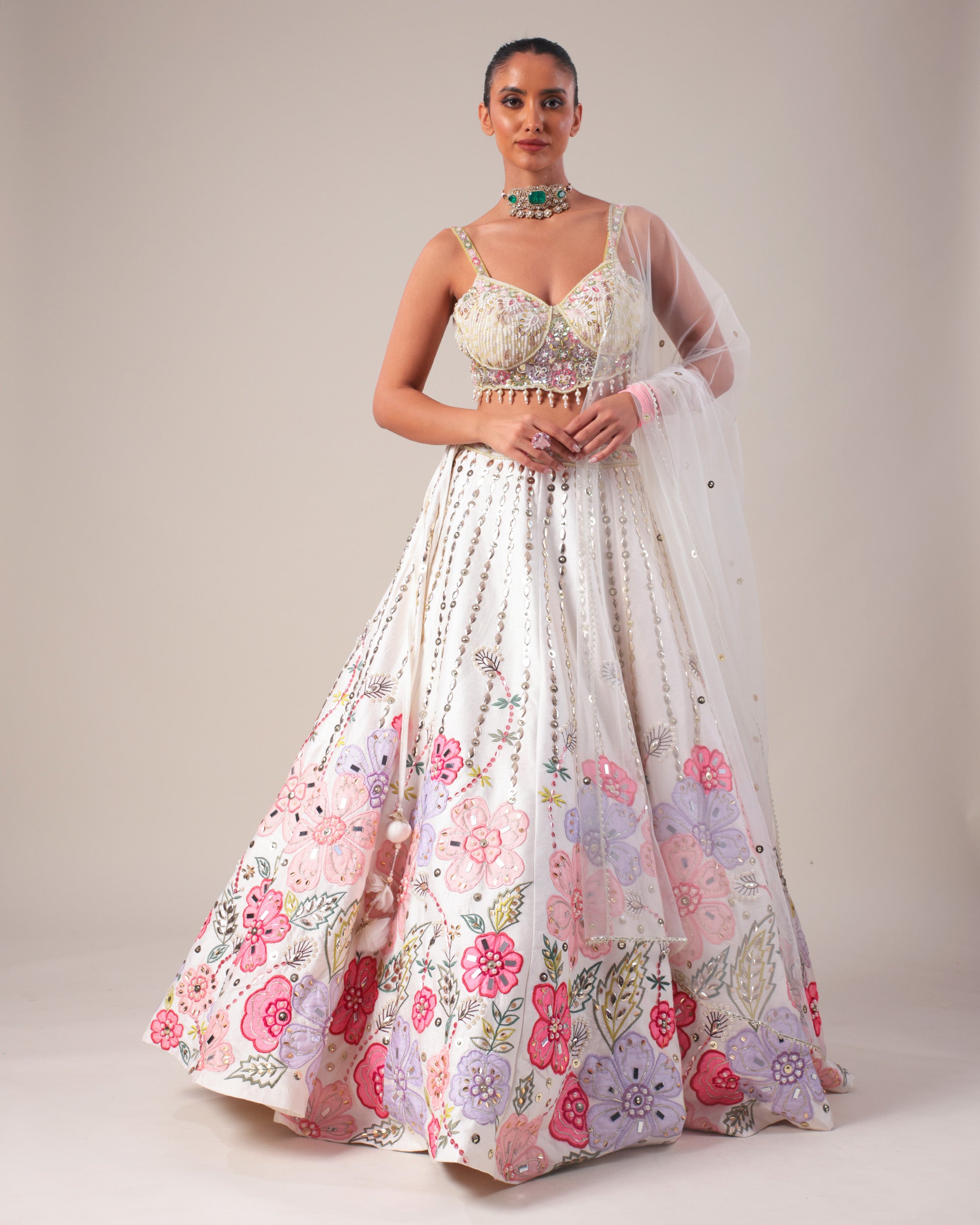 White Floral Embroidered Mirror Work Lehenga Set