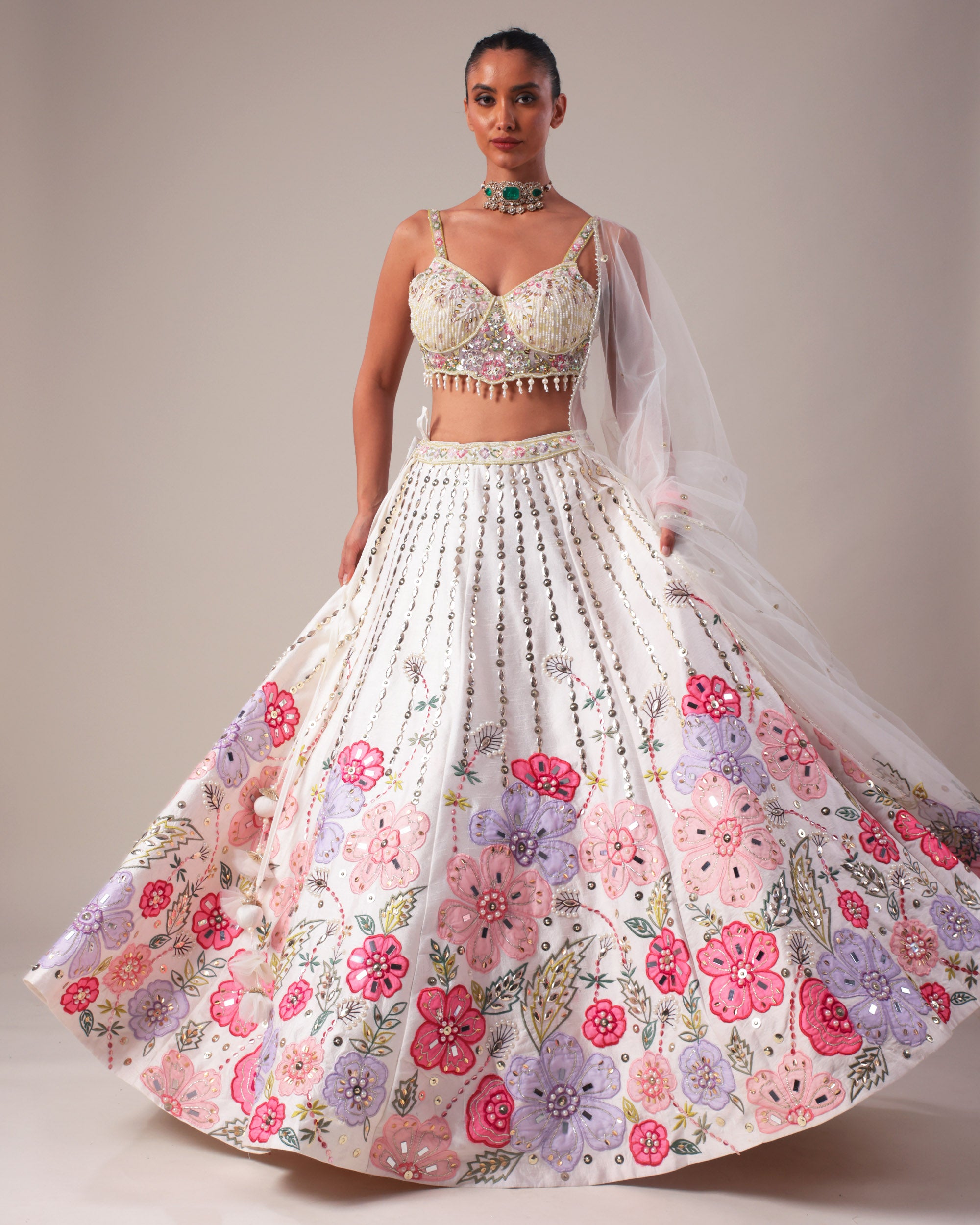 White Floral Embroidered Mirror Work Lehenga Set