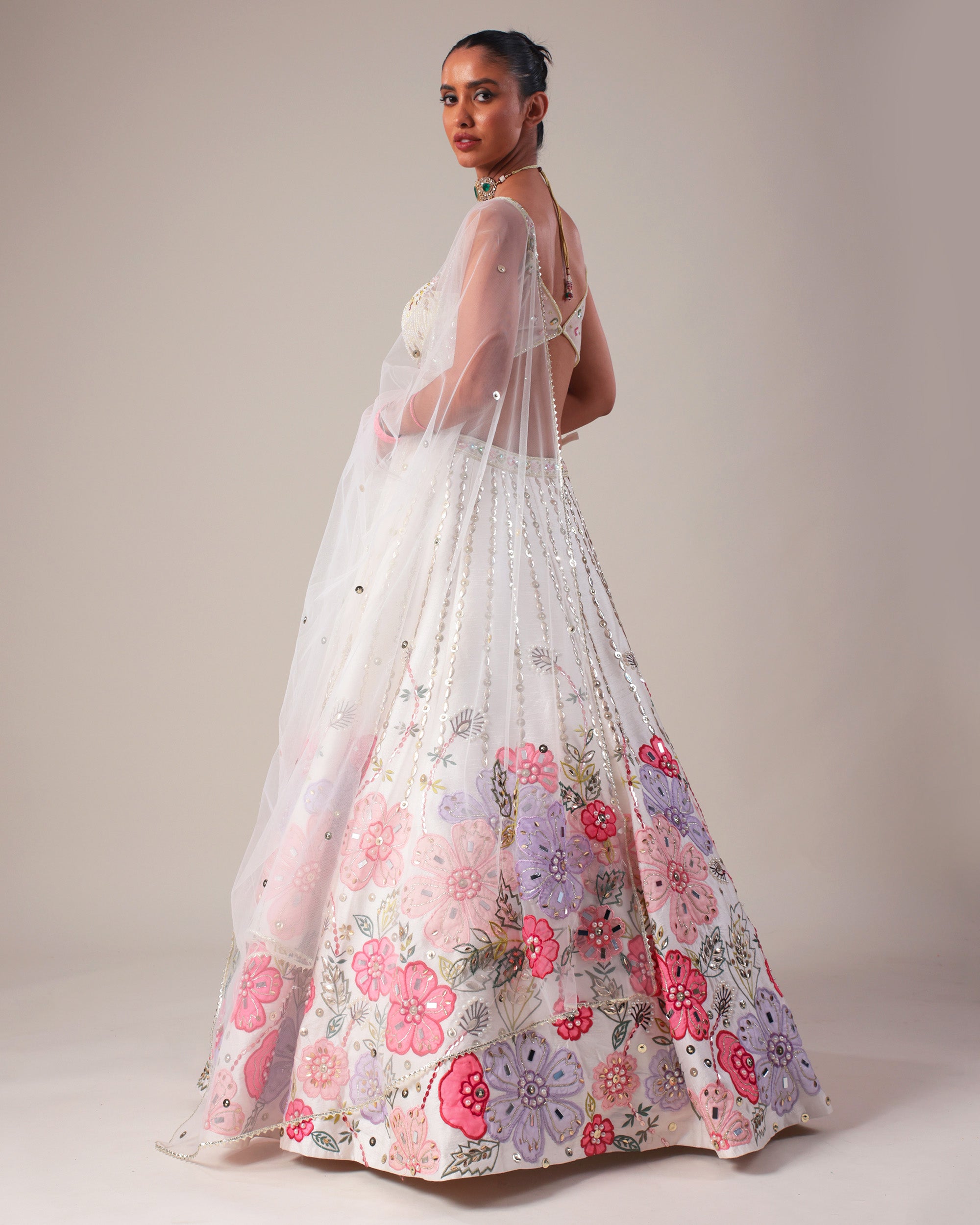 White Floral Embroidered Mirror Work Lehenga Set