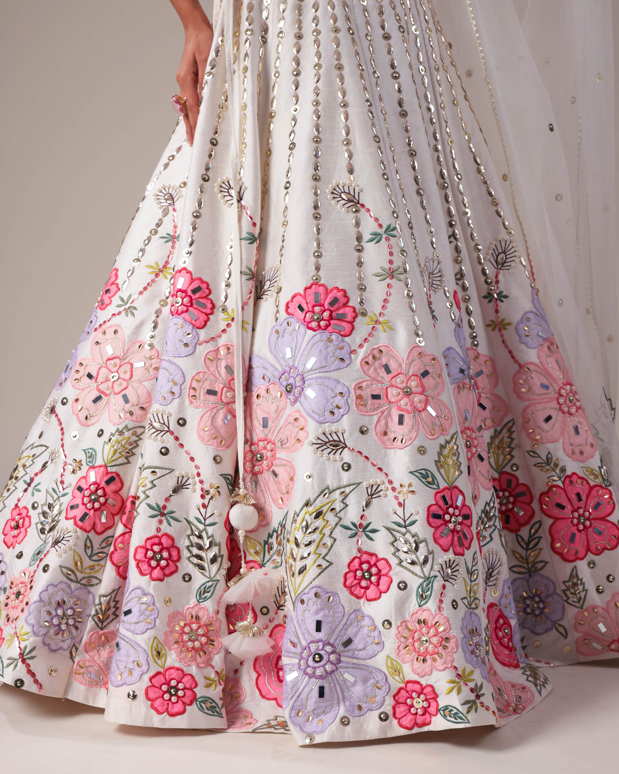 White Floral Embroidered Mirror Work Lehenga Set