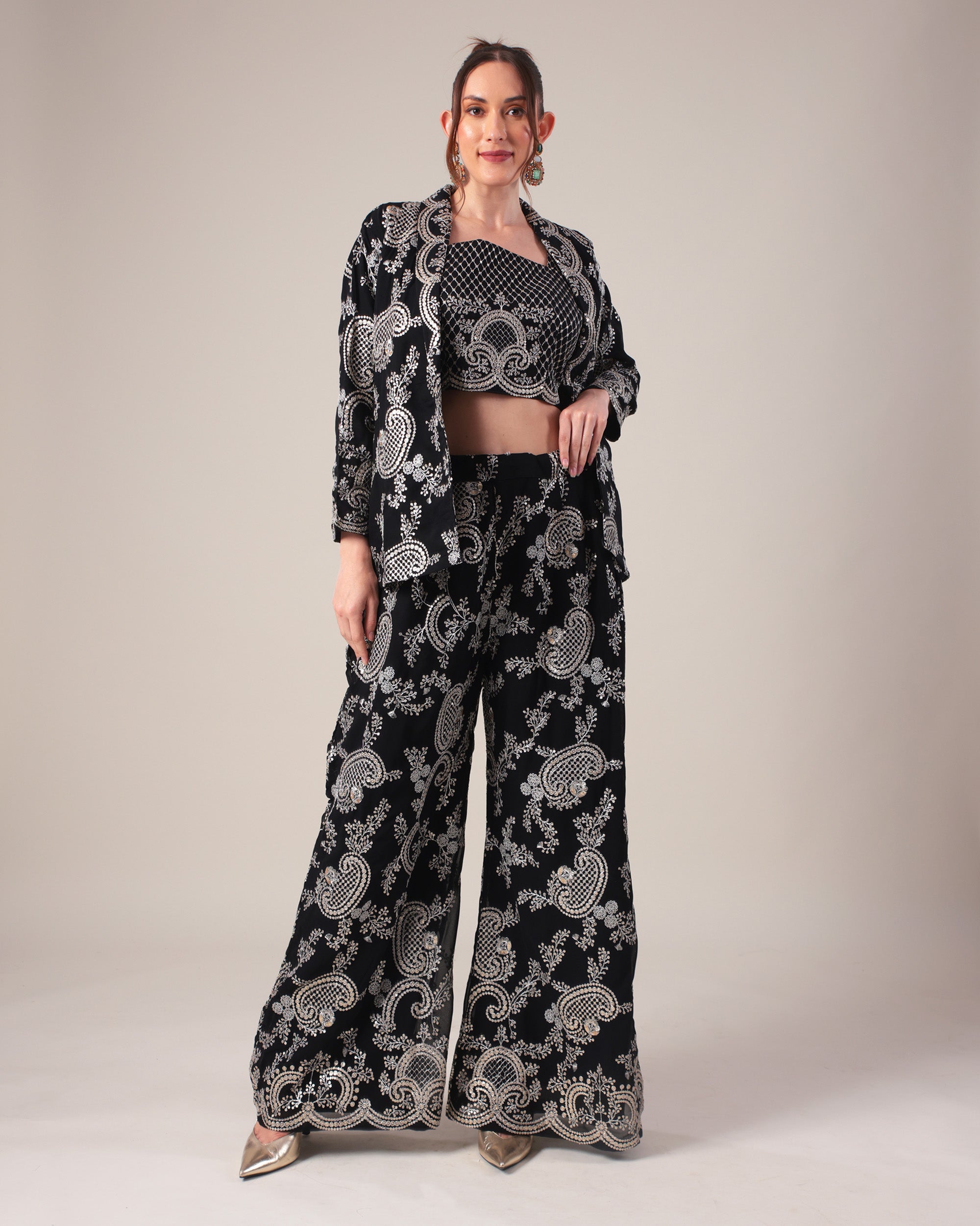 Black Embroidered Co-ord Set with Jacket