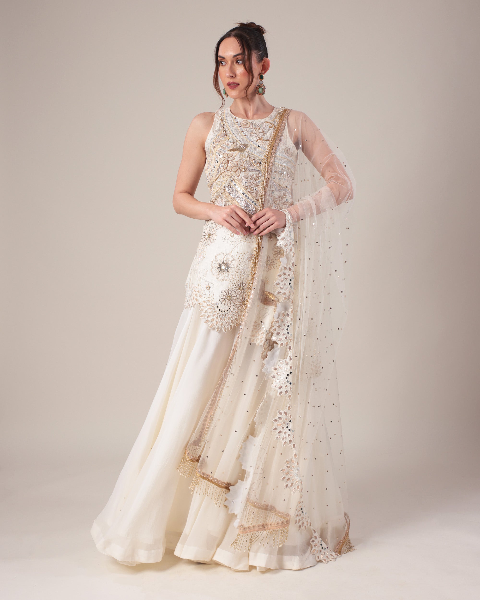 Off-White Embroidered Sharara Set with Net Dupatta