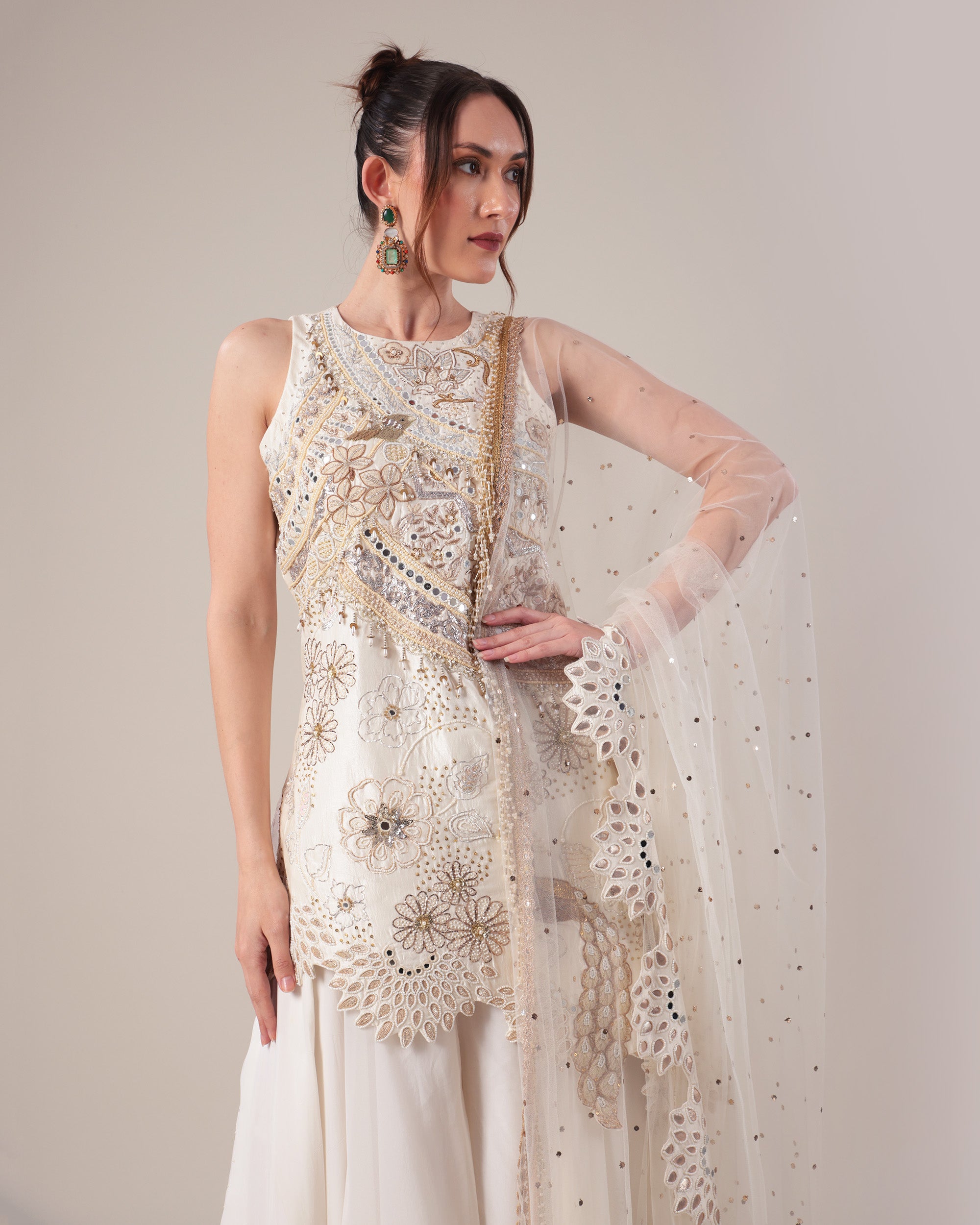 Off-White Embroidered Sharara Set with Net Dupatta