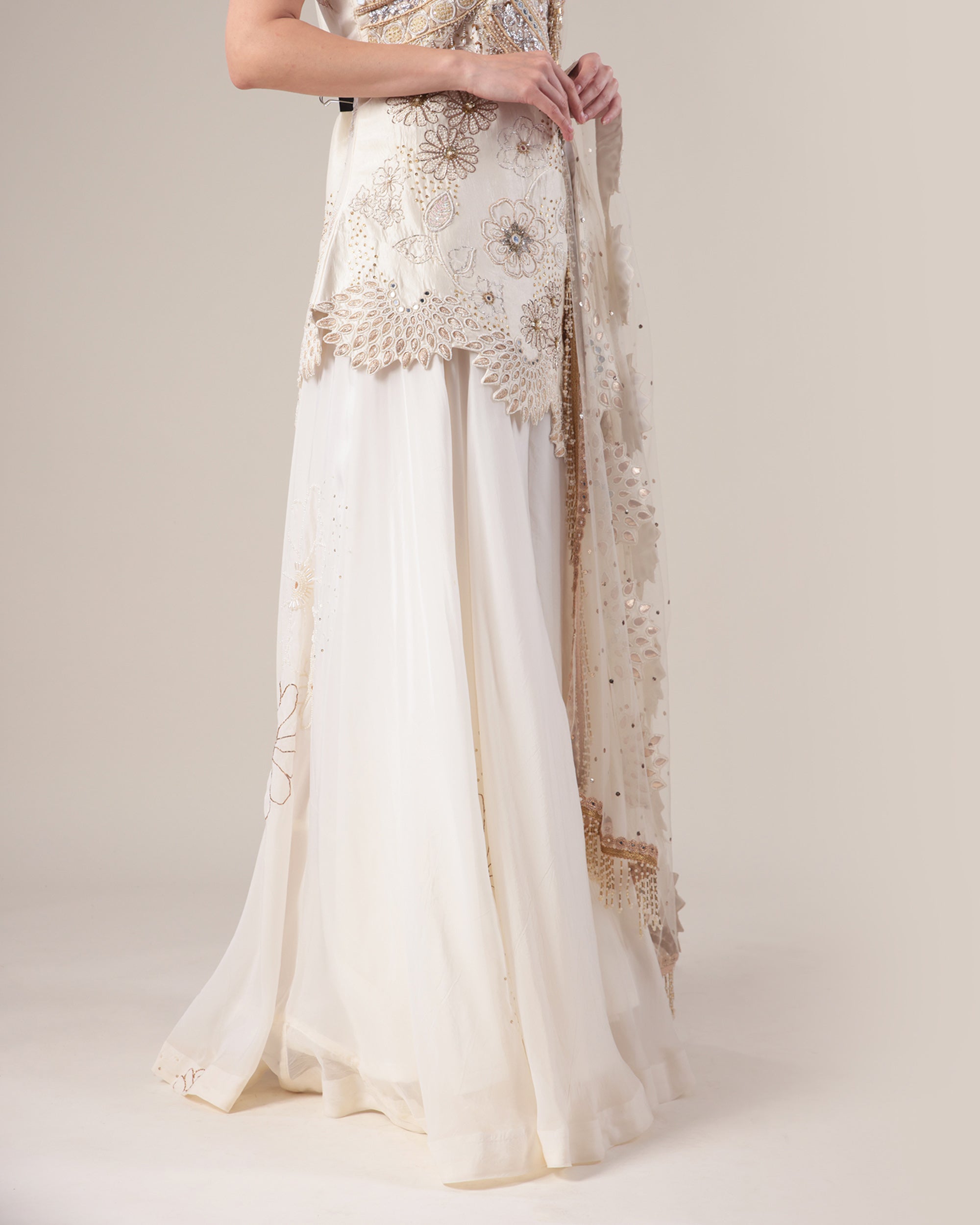 Off-White Embroidered Sharara Set with Net Dupatta