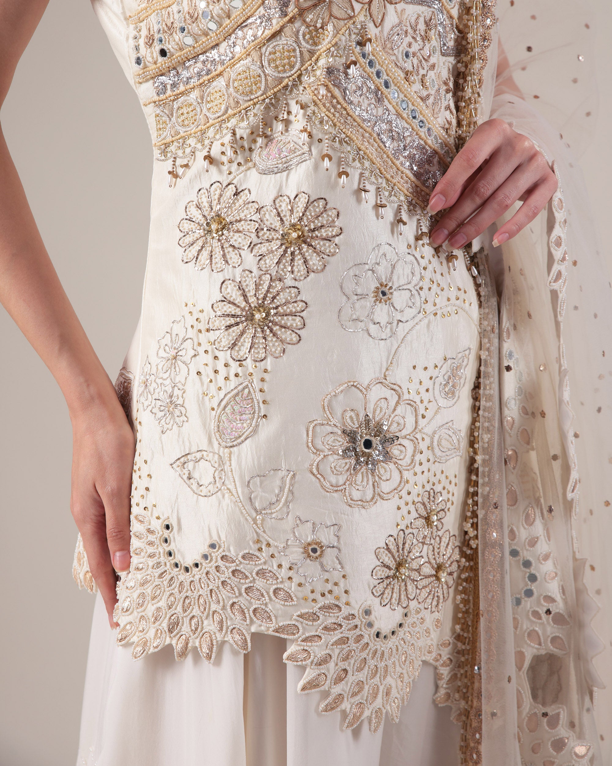 Off-White Embroidered Sharara Set with Net Dupatta