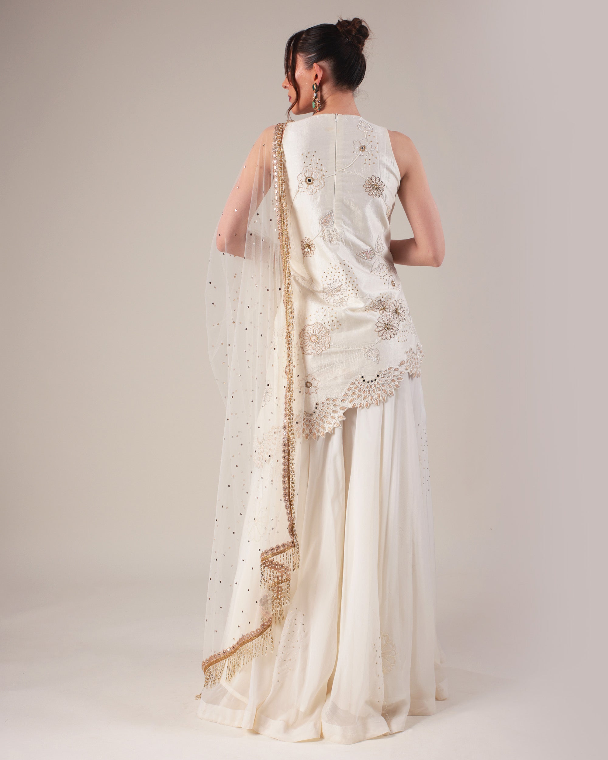 Off-White Embroidered Sharara Set with Net Dupatta