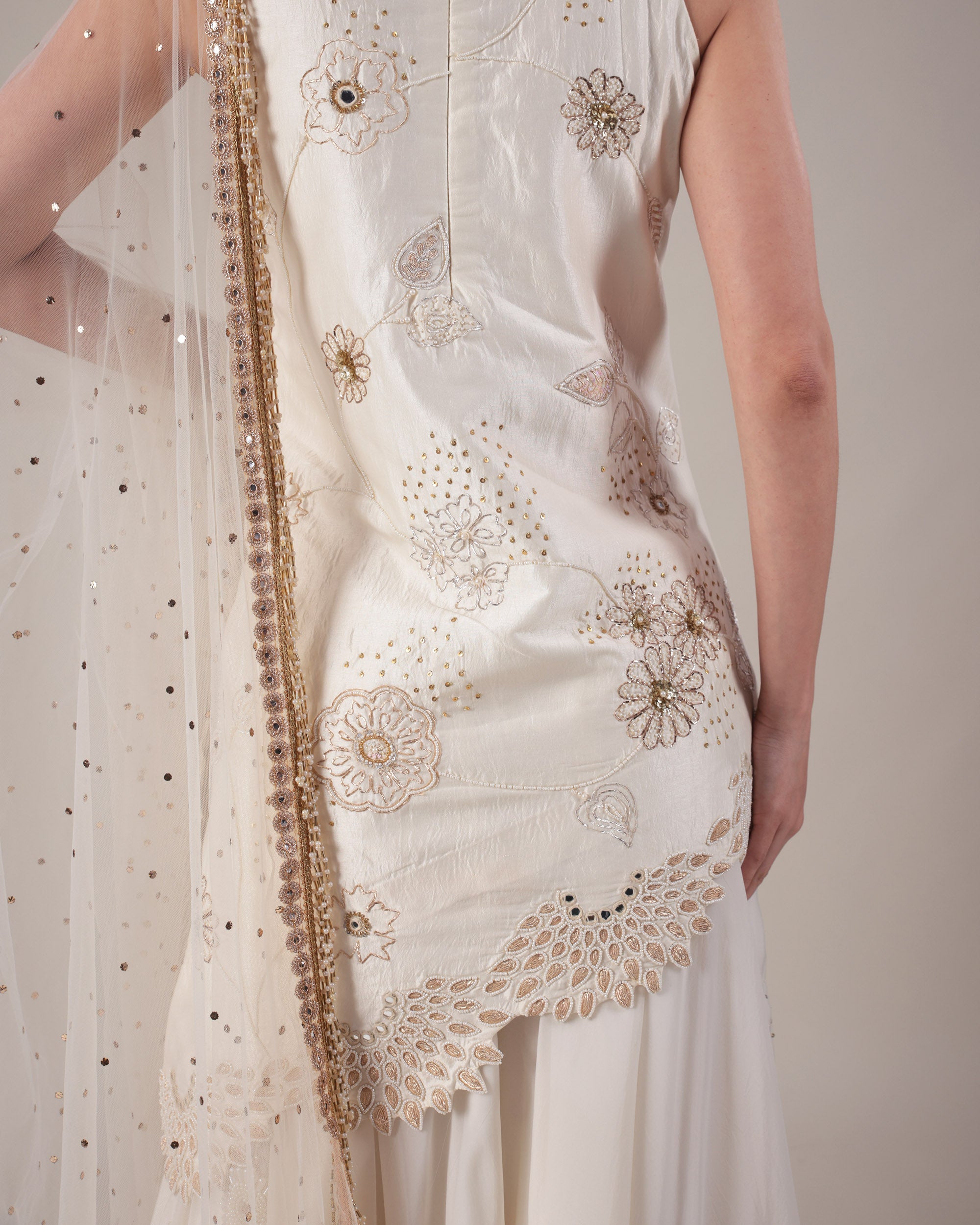 Off-White Embroidered Sharara Set with Net Dupatta