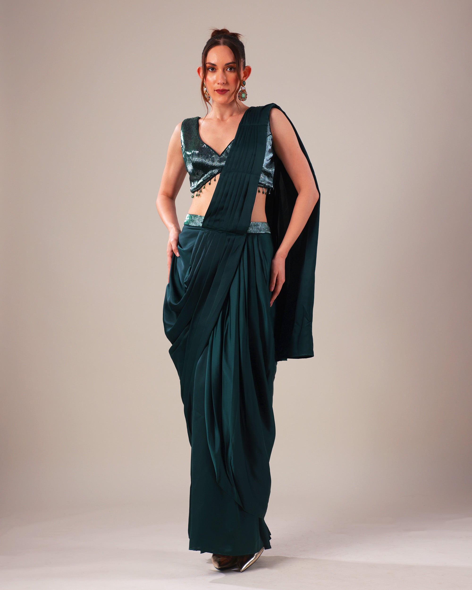 Emerald Green Pre-Draped Saree with Sequin Blouse