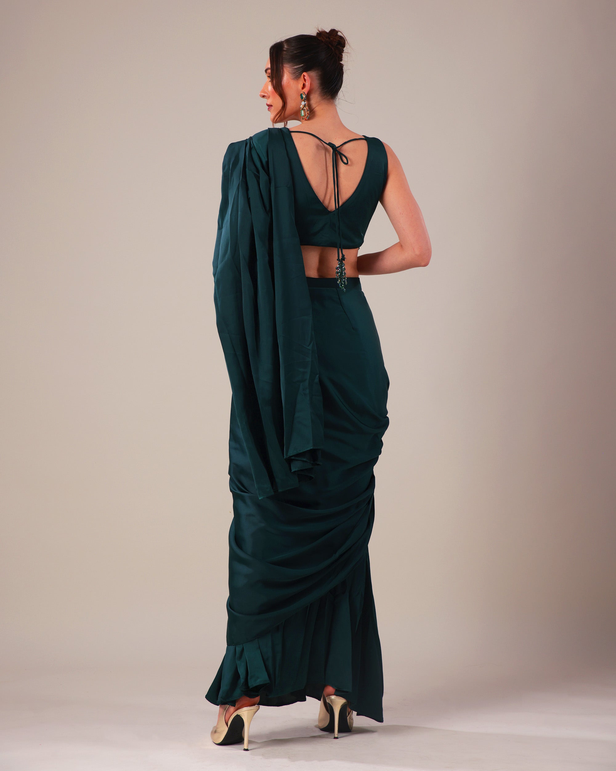 Emerald Green Pre-Draped Saree with Sequin Blouse