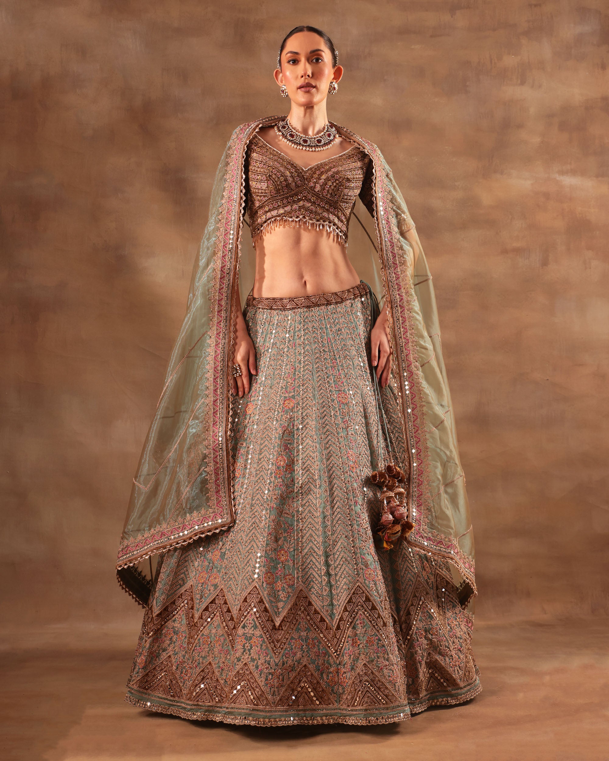 Mint Green & Copper Embroidered Formal Lehenga Set