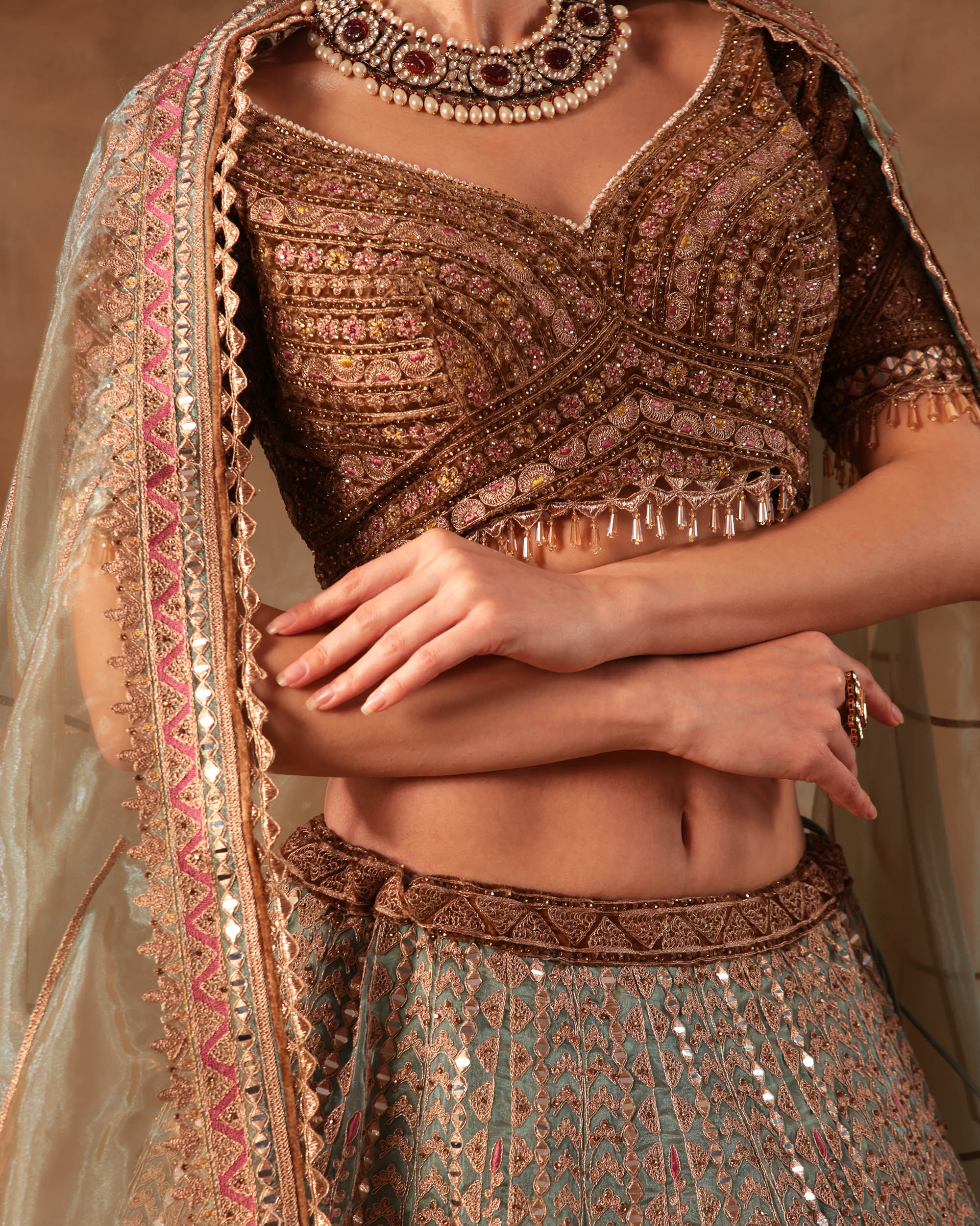 Mint Green & Copper Embroidered Formal Lehenga Set