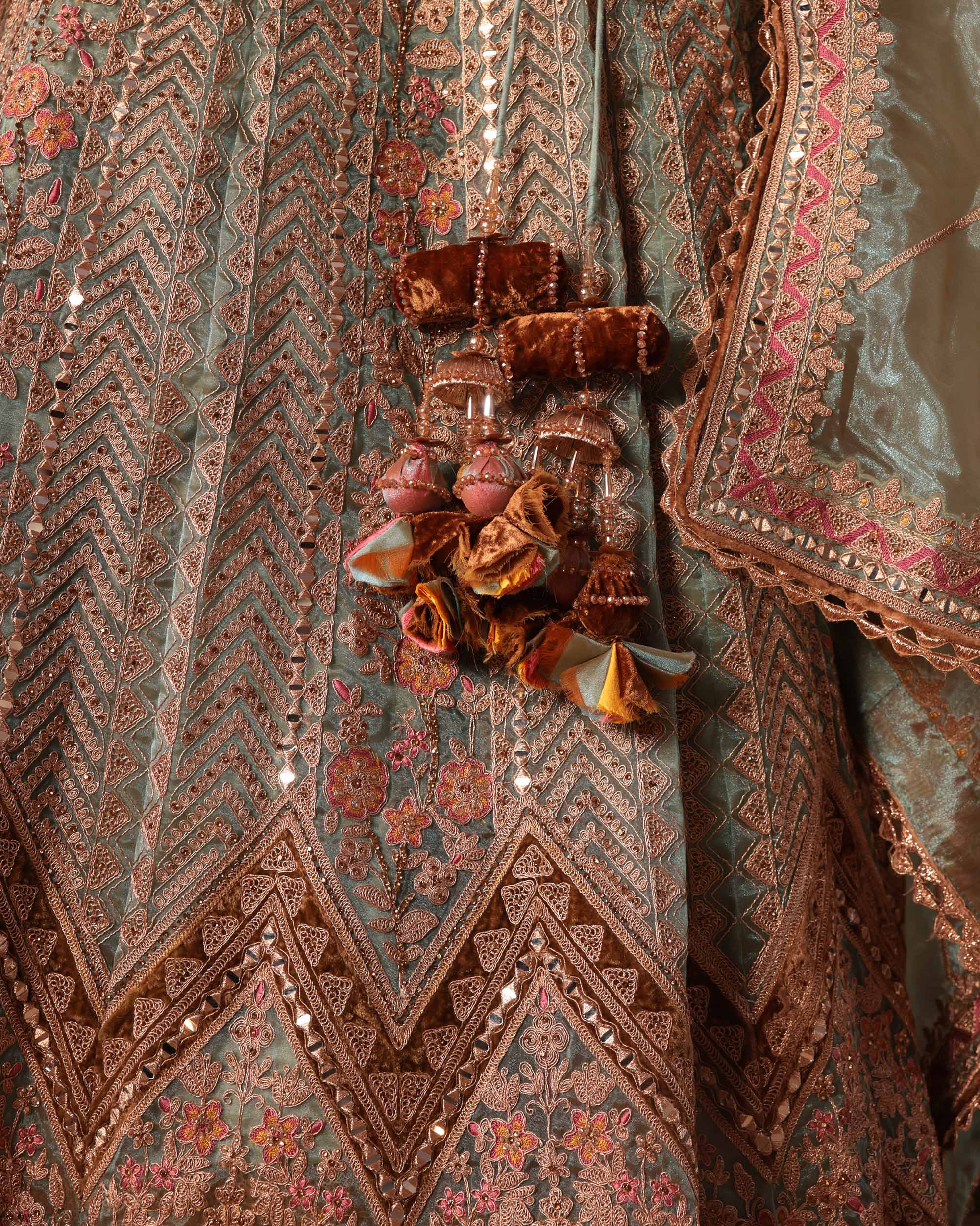 Mint Green & Copper Embroidered Formal Lehenga Set